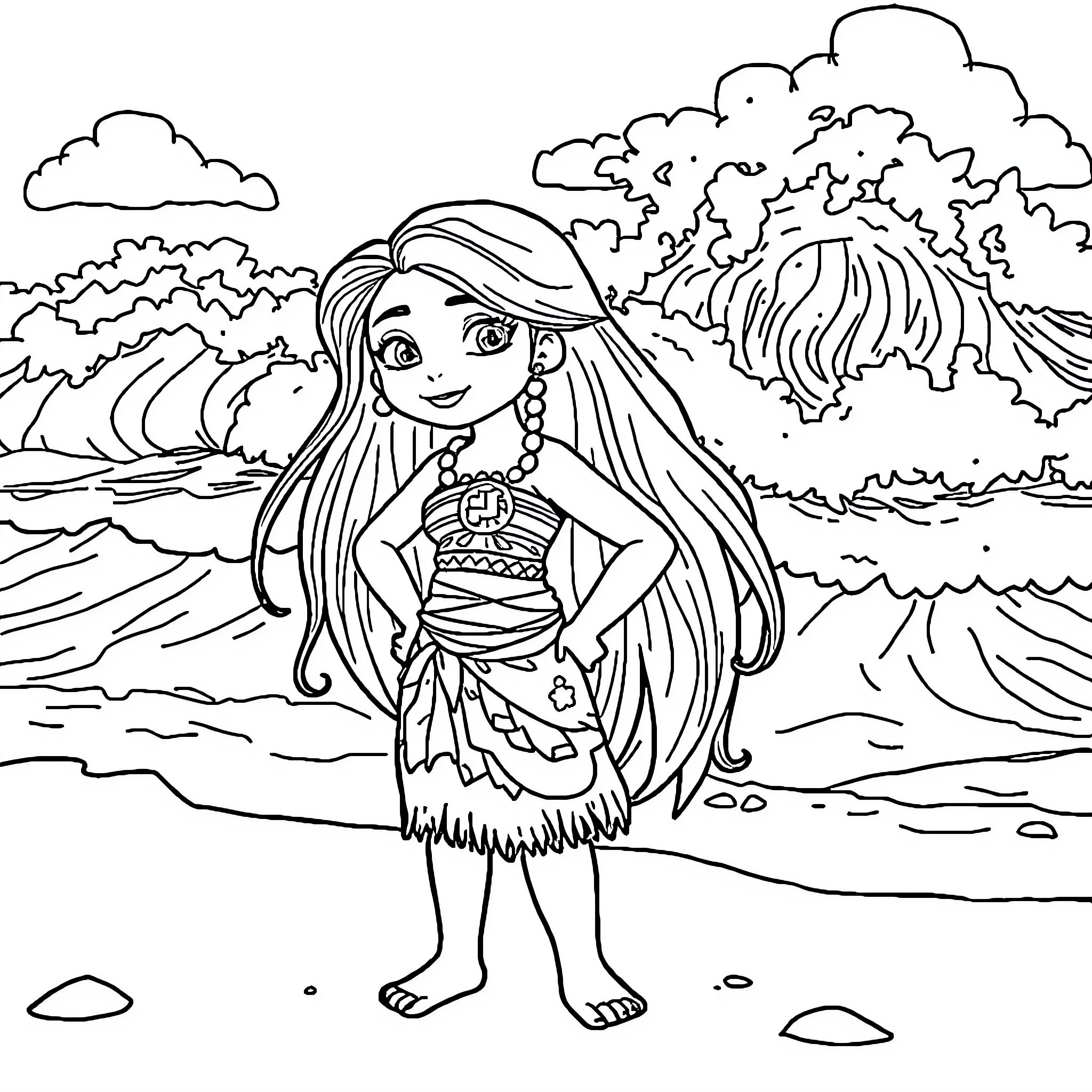Moana exploring the island with her ocean scene Coloring Page (free black-and-white line drawing printable PDF for all, from beginners to advanced learners, including children, teens, adults, and seniors)