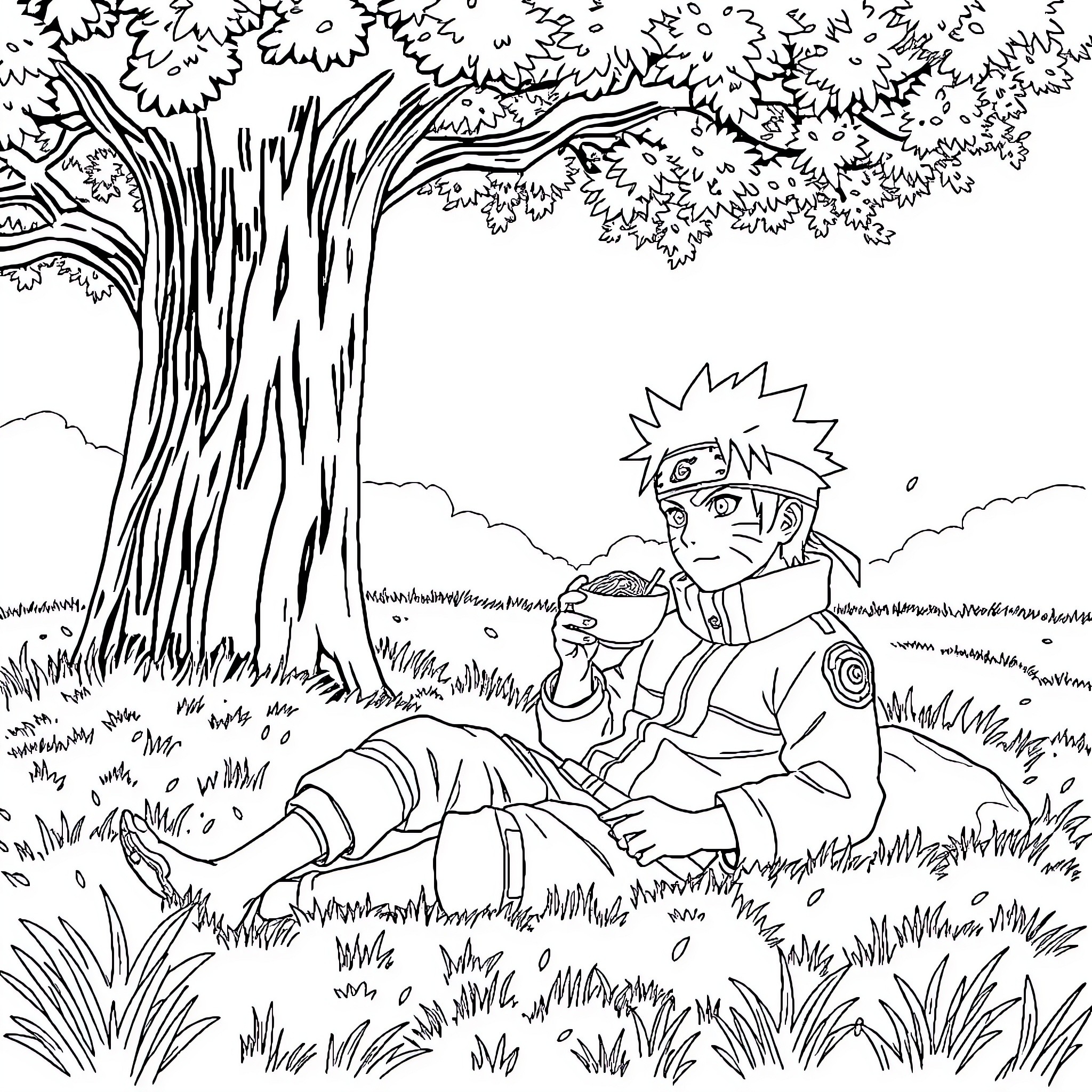 Naruto resting under the tree in the forest Coloring Page (free black-and-white line drawing printable PDF for all, from beginners to advanced learners, including children, teens, adults, and seniors)