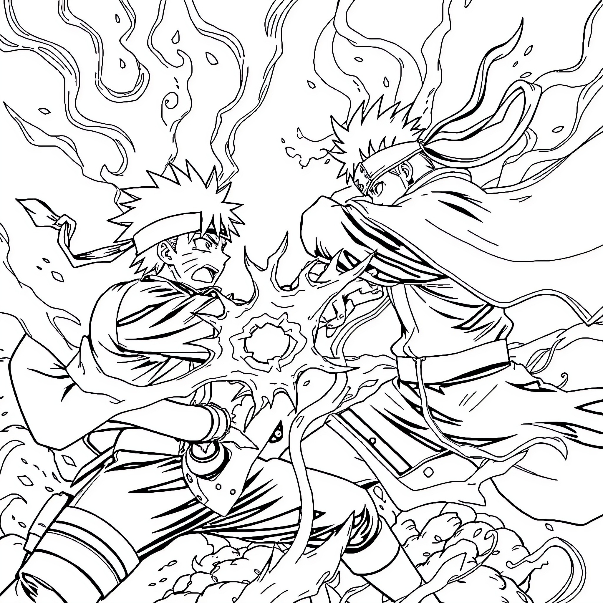 Naruto Characters in Intense Action Battle Coloring Page (free black-and-white line drawing printable PDF for all, from beginners to advanced learners, including children, teens, adults, and seniors)