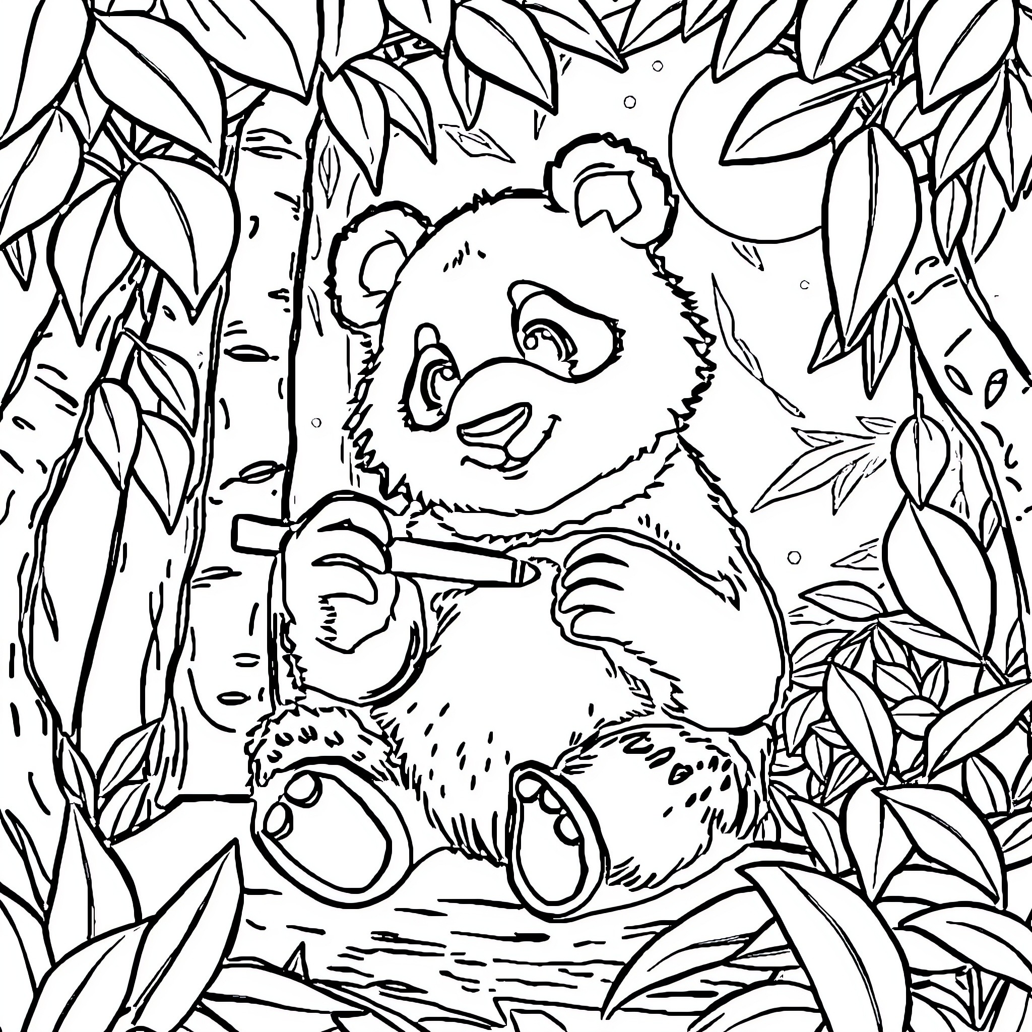 Panda playing in the jungle Coloring Page (free black-and-white line drawing printable PDF for all, from beginners to advanced learners, including children, teens, adults, and seniors)