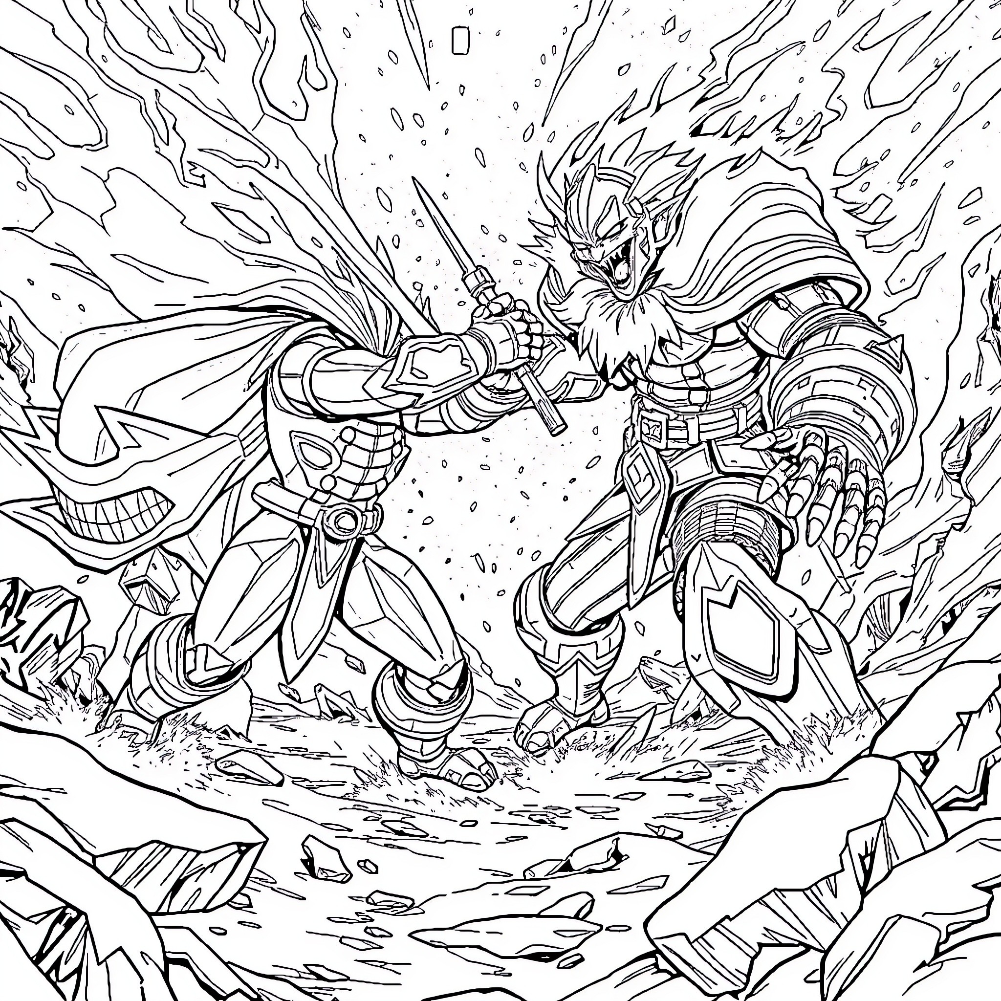 Artikodin: Epic Battle Between Armored Warriors Coloring Page (free black-and-white line drawing printable PDF for all, from beginners to advanced learners, including children, teens, adults, and seniors)