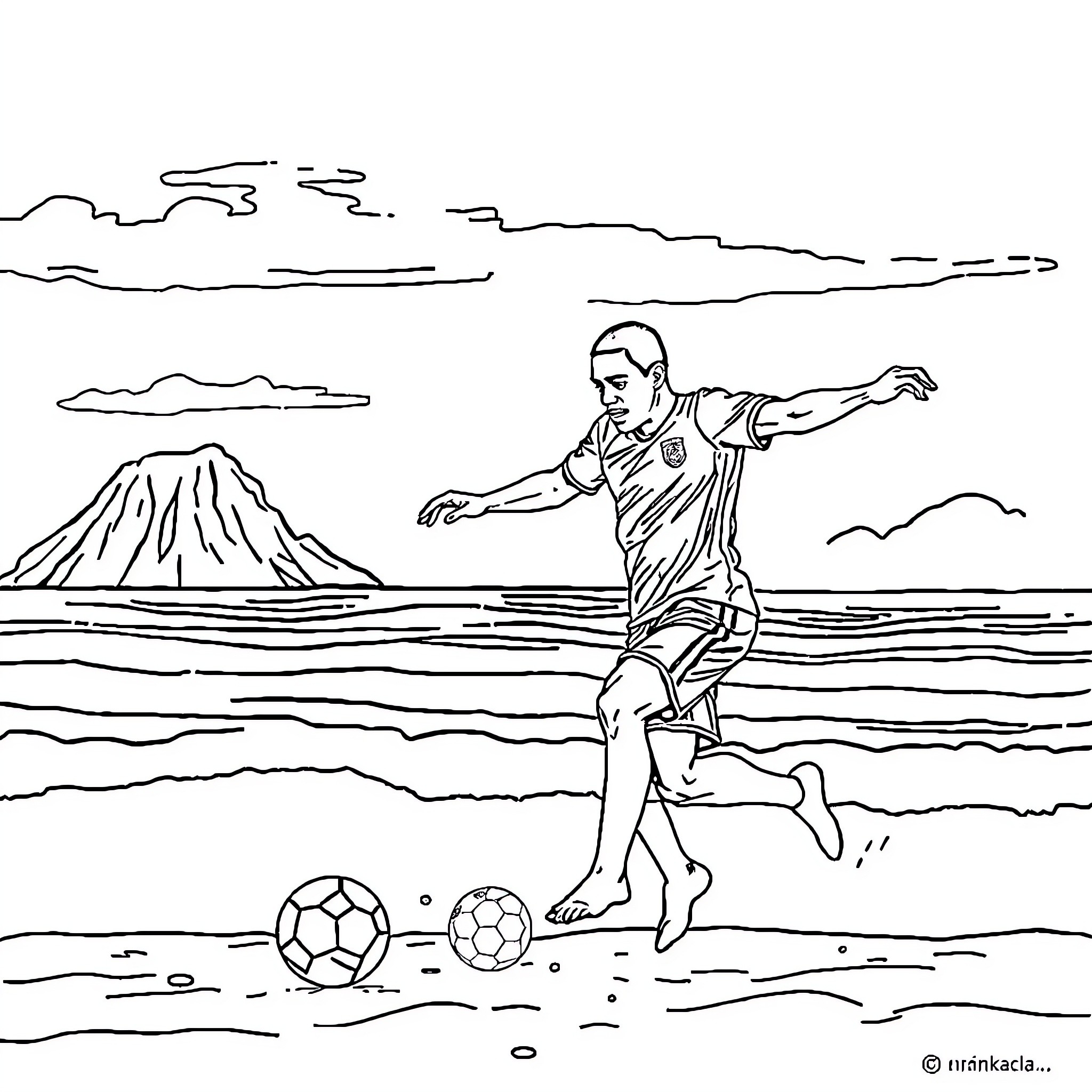 Mbappe Kicking Soccer Balls on Tropical Beach Coloring Page (free black-and-white line drawing printable PDF for all, from beginners to advanced learners, including children, teens, adults, and seniors)