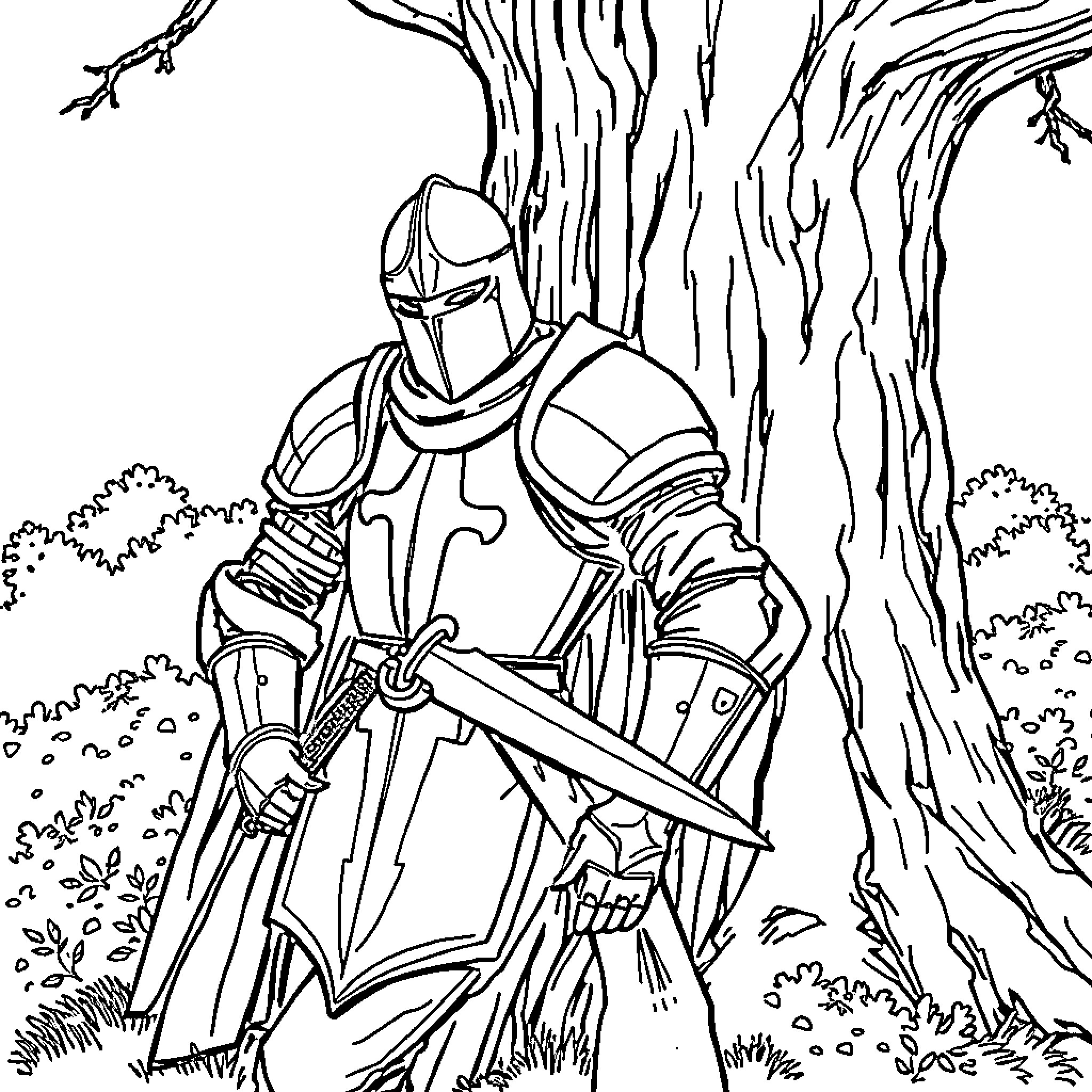 Knight standing guard in a forest scene Coloring Page (free black-and-white line drawing printable PDF for all, from beginners to advanced learners, including children, teens, adults, and seniors)