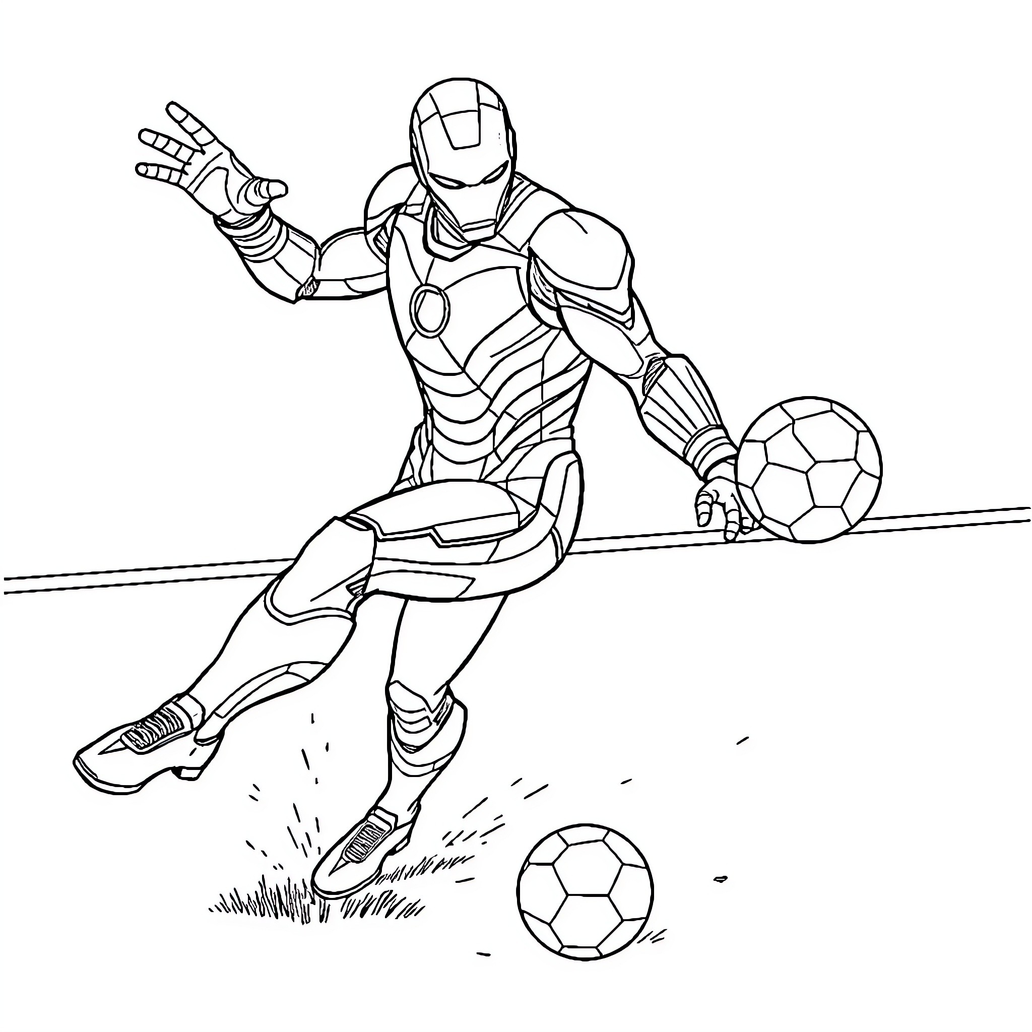 Iron Man playing soccer with energy balls Coloring Page (free black-and-white line drawing printable PDF for all, from beginners to advanced learners, including children, teens, adults, and seniors)