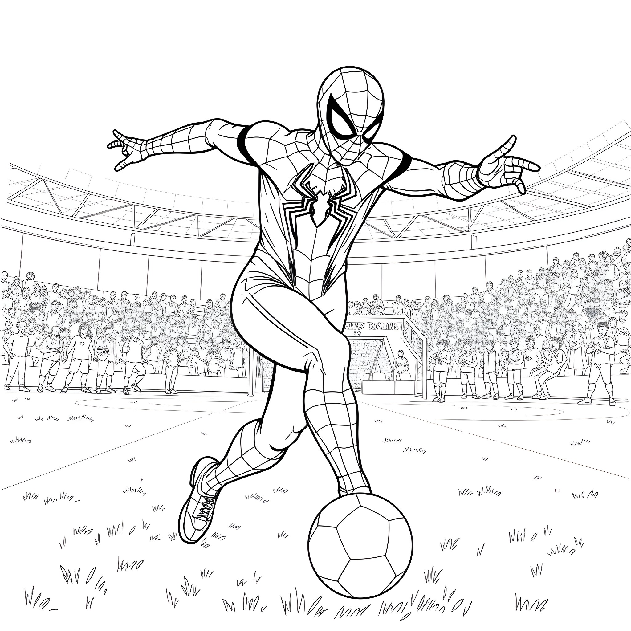 Spiderman showing off skills on the soccer field Coloring Page (free black-and-white line drawing printable PDF for all, from beginners to advanced learners, including children, teens, adults, and seniors)