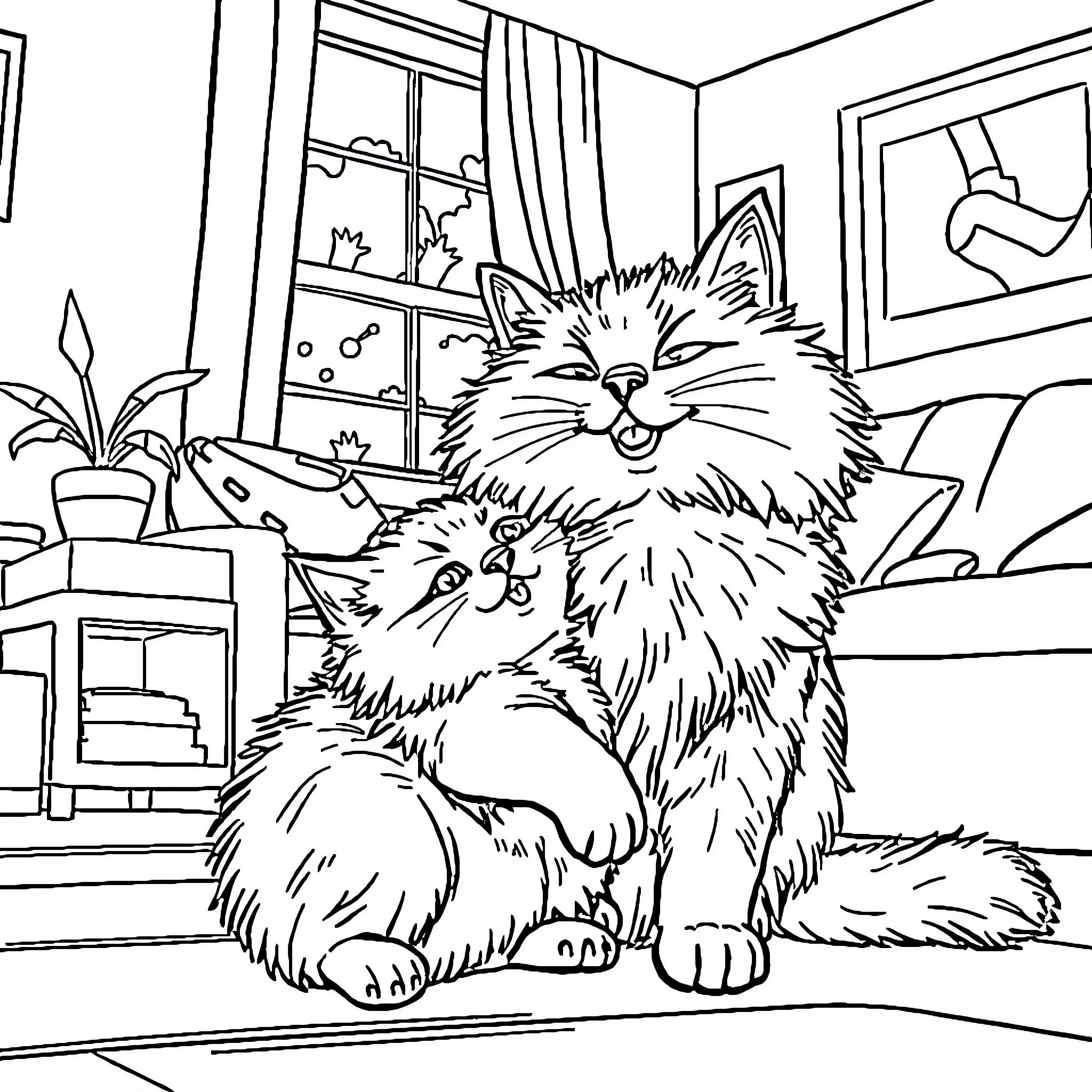 Cats Cuddling Happily in Cozy Home Coloring Page (free black-and-white line drawing printable PDF for all, from beginners to advanced learners, including children, teens, adults, and seniors)