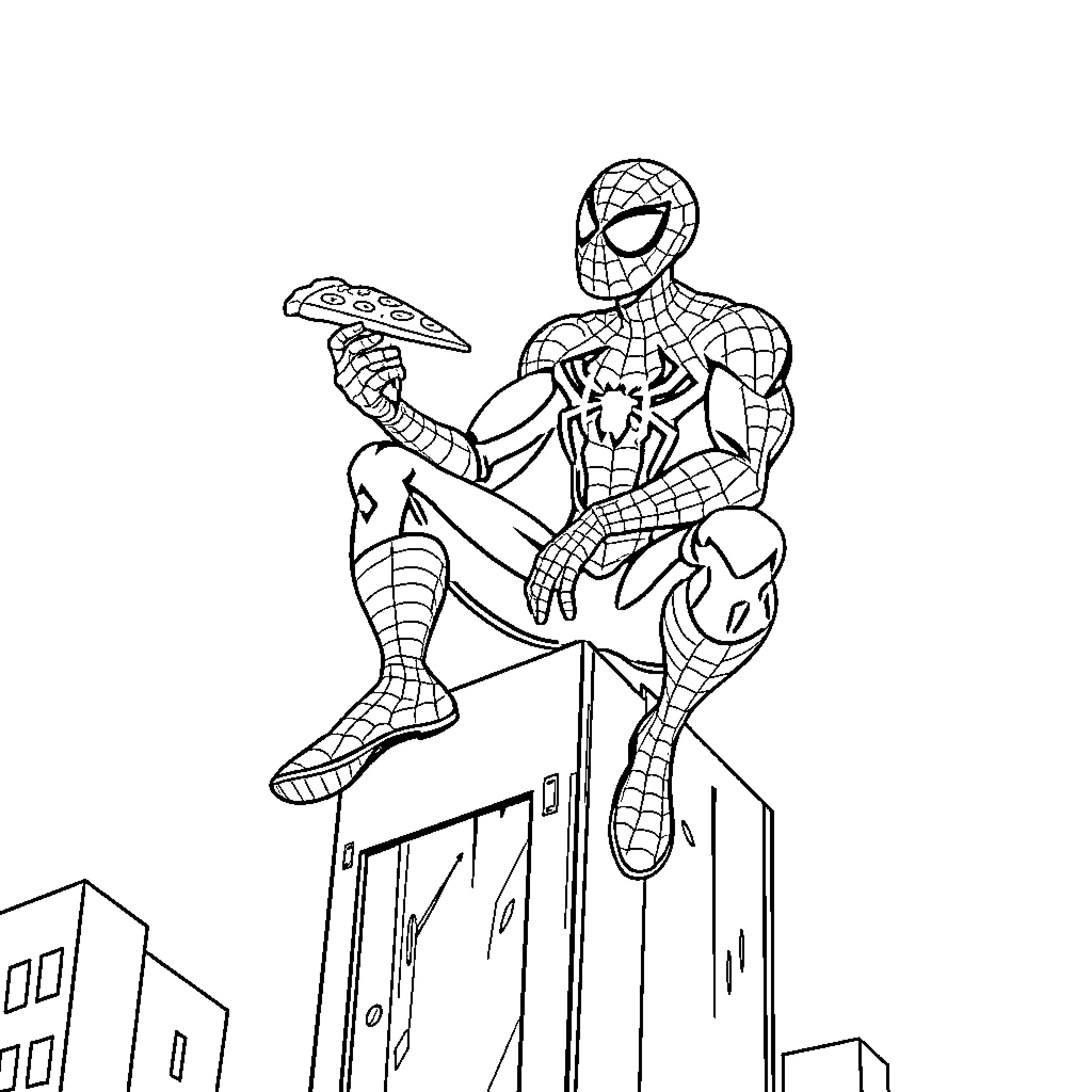 Spiderman swinging through the city with pizza Coloring Page (free black-and-white line drawing printable PDF for all, from beginners to advanced learners, including children, teens, adults, and seniors)