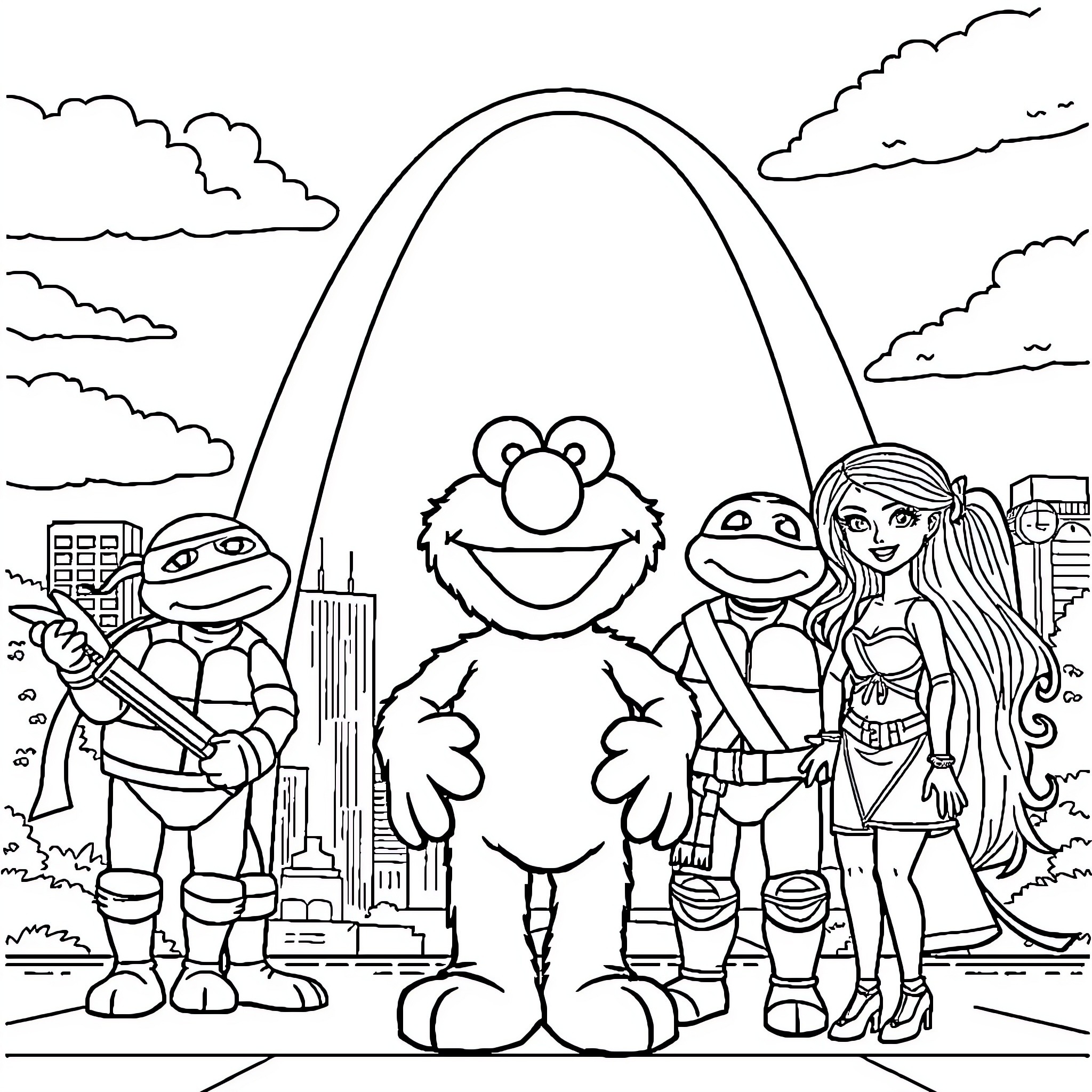 Elmo and friends explore the city skyline Coloring Page (free black-and-white line drawing printable PDF for all, from beginners to advanced learners, including children, teens, adults, and seniors)