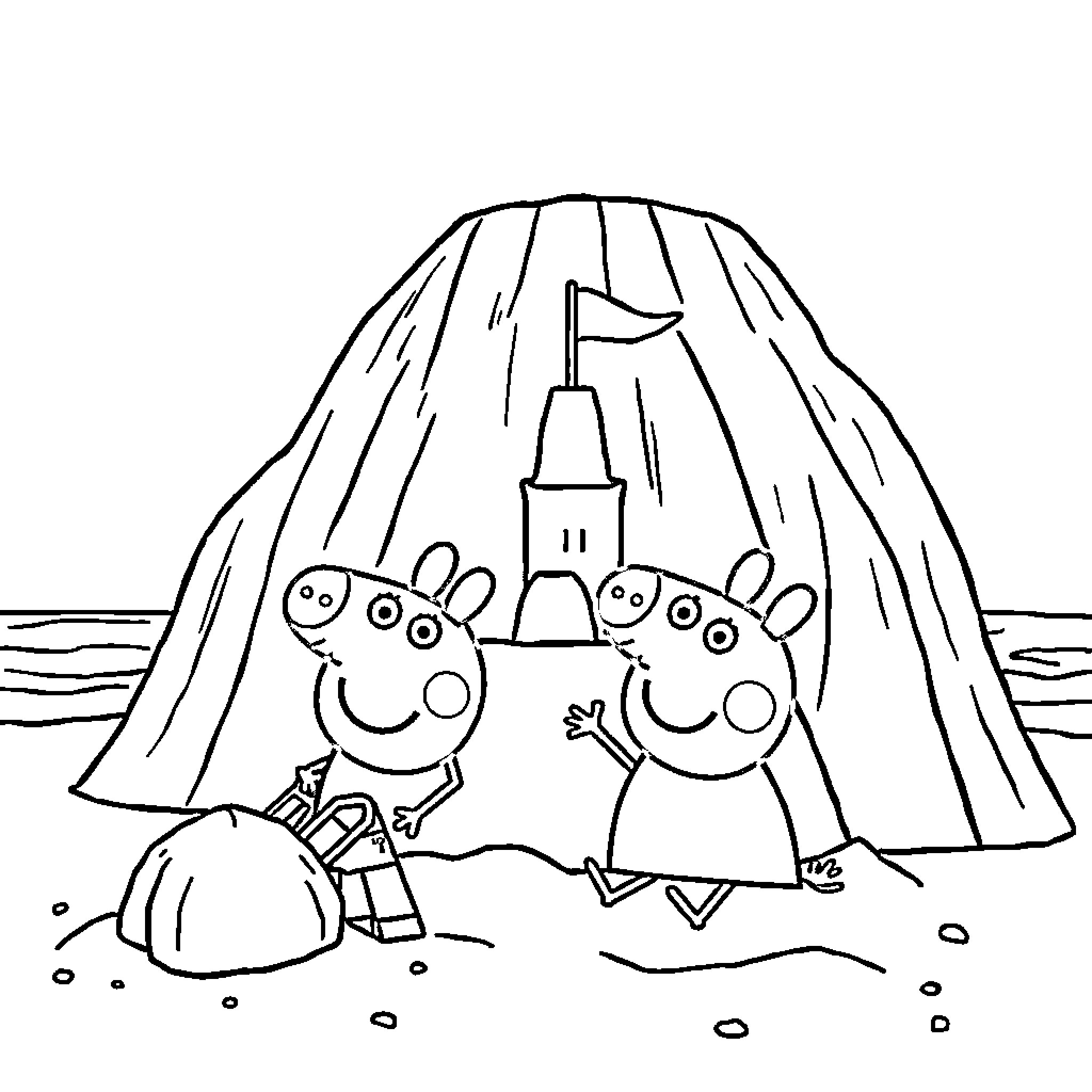 Peppa Pig and friends explore a cave Coloring Page (free black-and-white line drawing printable PDF for all, from beginners to advanced learners, including children, teens, adults, and seniors)