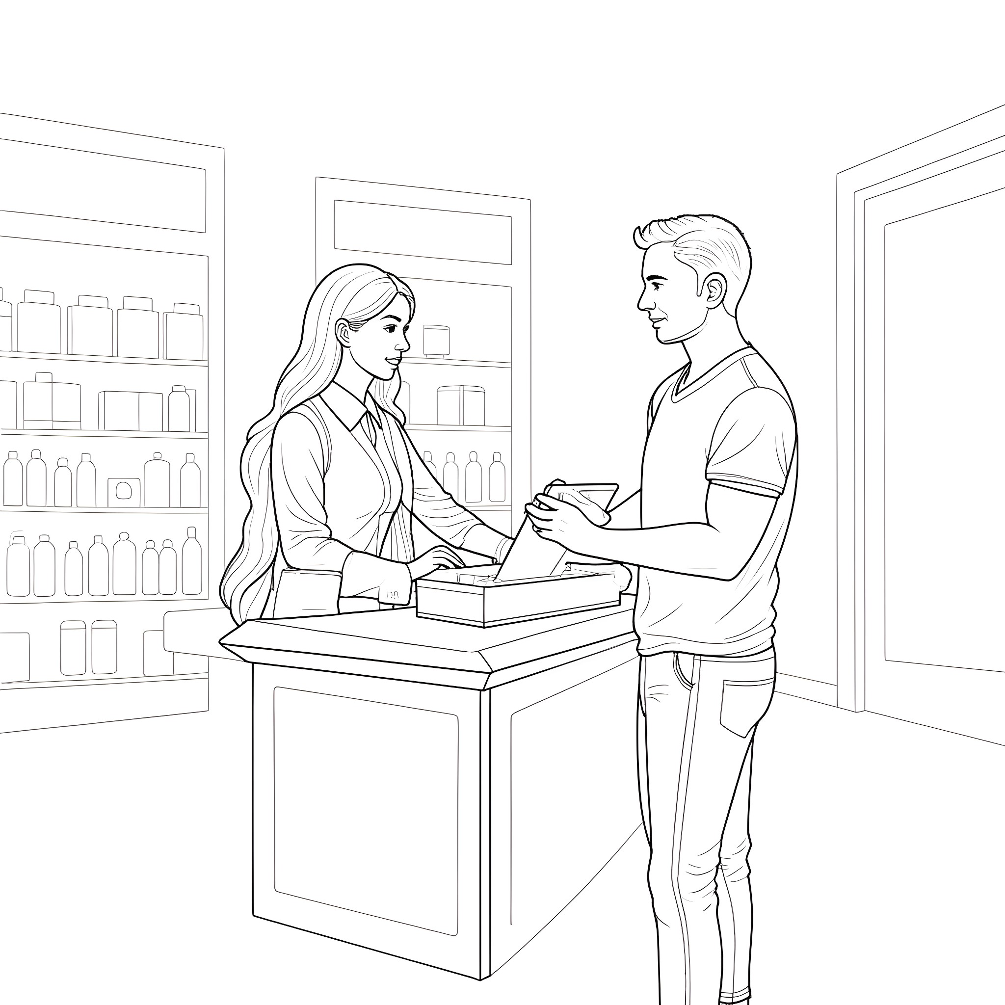 Mike Kryzewski interacting with customer at a retail store Coloring Page (free black-and-white line drawing printable PDF for all, from beginners to advanced learners, including children, teens, adults, and seniors)