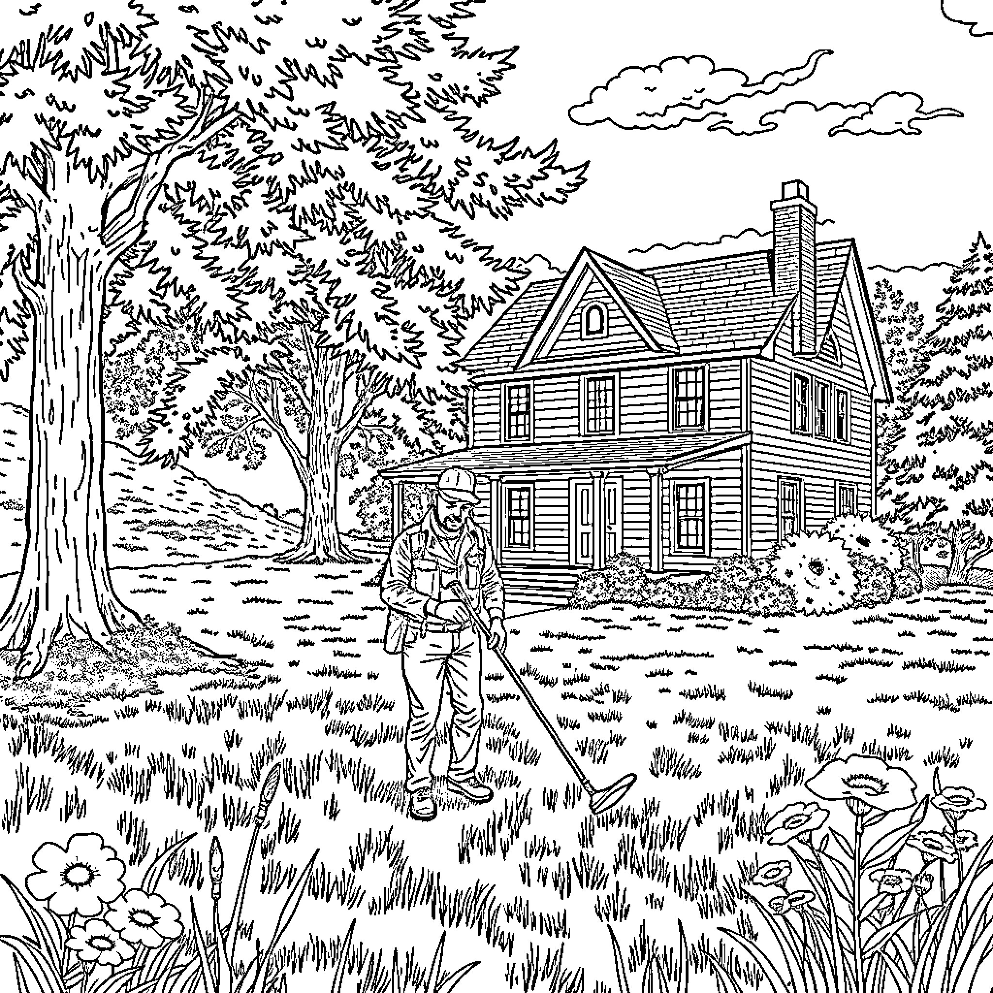 Man exploring the scenic countryside landscape Coloring Page (free black-and-white line drawing printable PDF for all, from beginners to advanced learners, including children, teens, adults, and seniors)