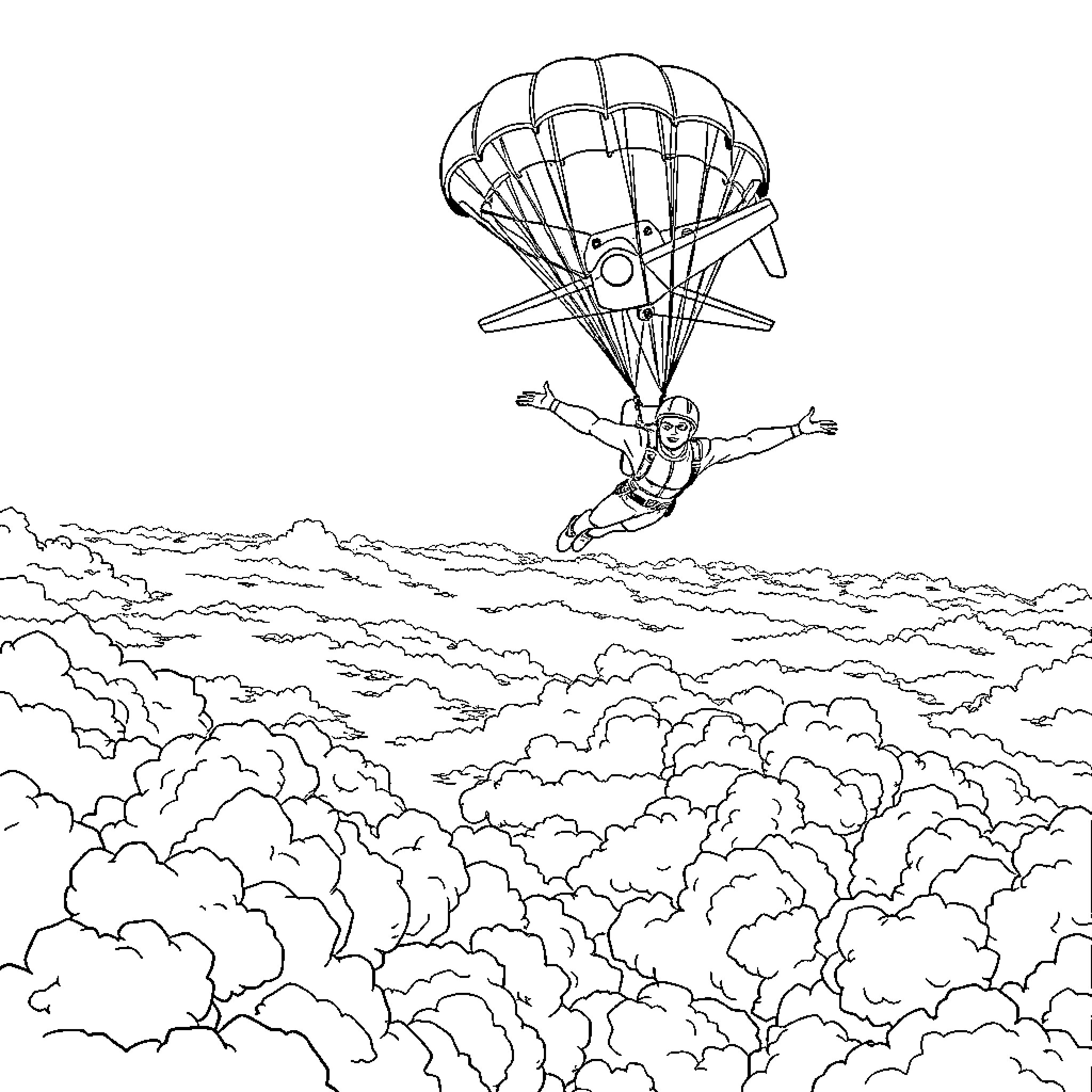 Skydiver plummeting through the cloudy sky Coloring Page (free black-and-white line drawing printable PDF for all, from beginners to advanced learners, including children, teens, adults, and seniors)