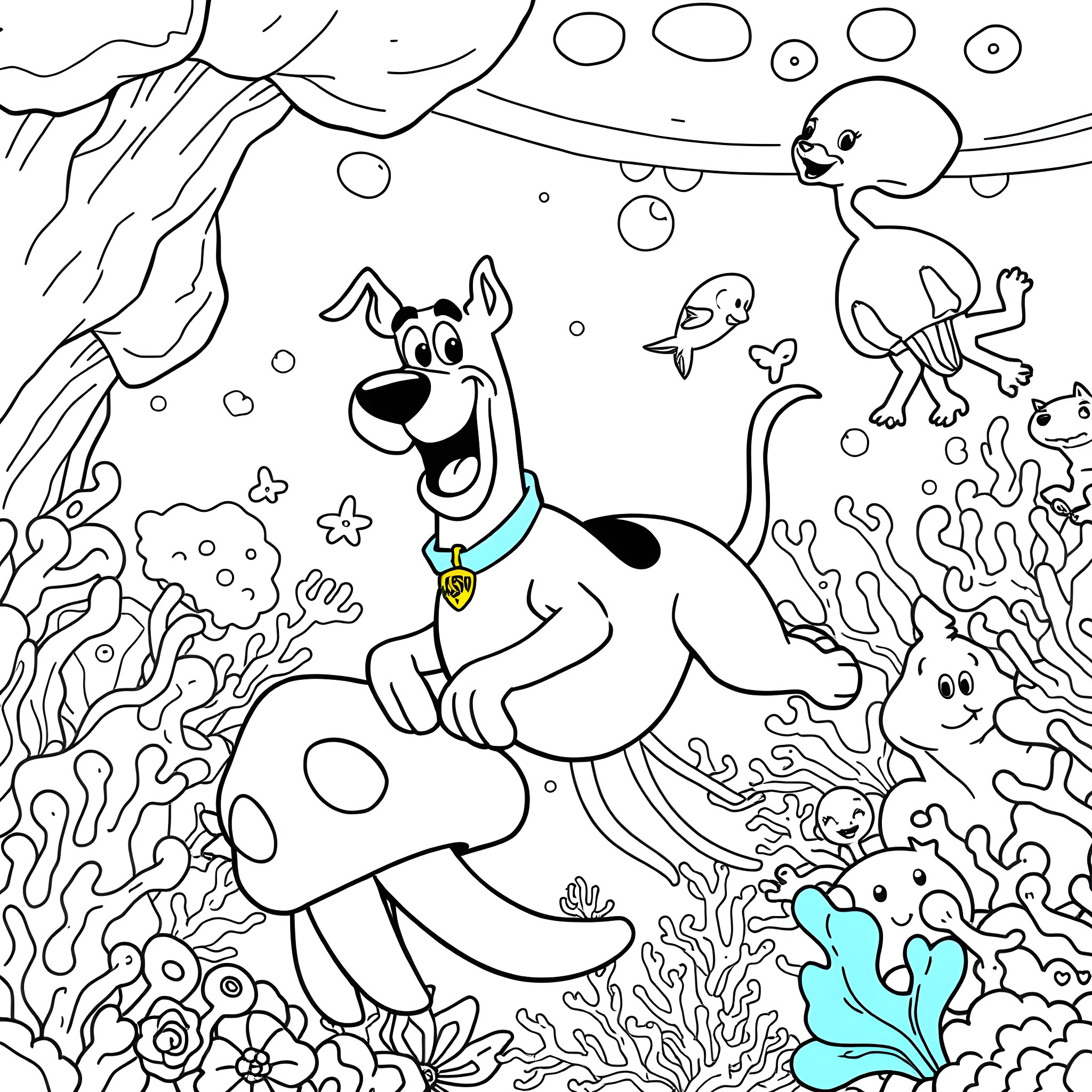 Scooby Doo and friends exploring an underwater world Coloring Page (free black-and-white line drawing printable PDF for all, from beginners to advanced learners, including children, teens, adults, and seniors)