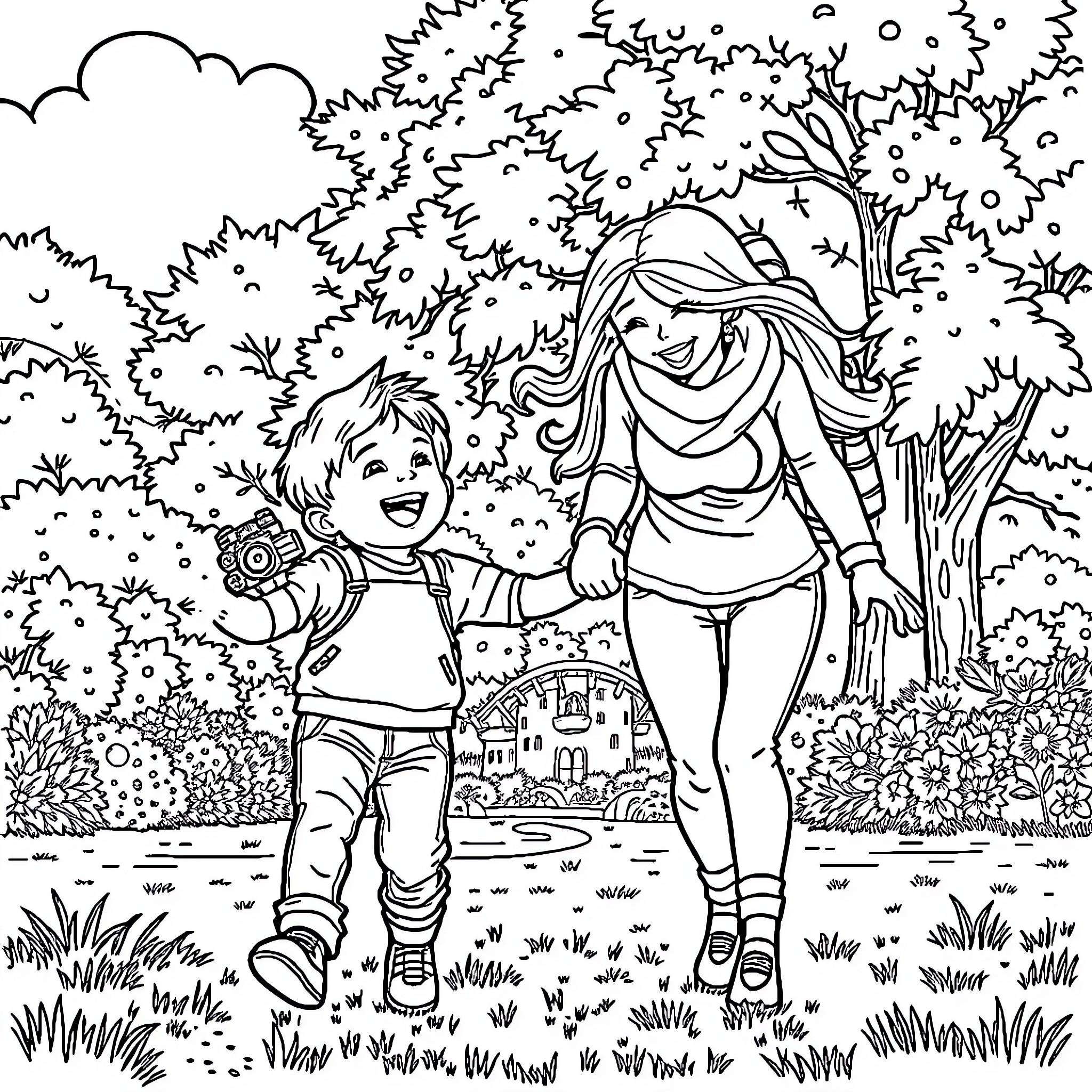 Child exploring the enchanted forest with friend Coloring Page (free black-and-white line drawing printable PDF for all, from beginners to advanced learners, including children, teens, adults, and seniors)