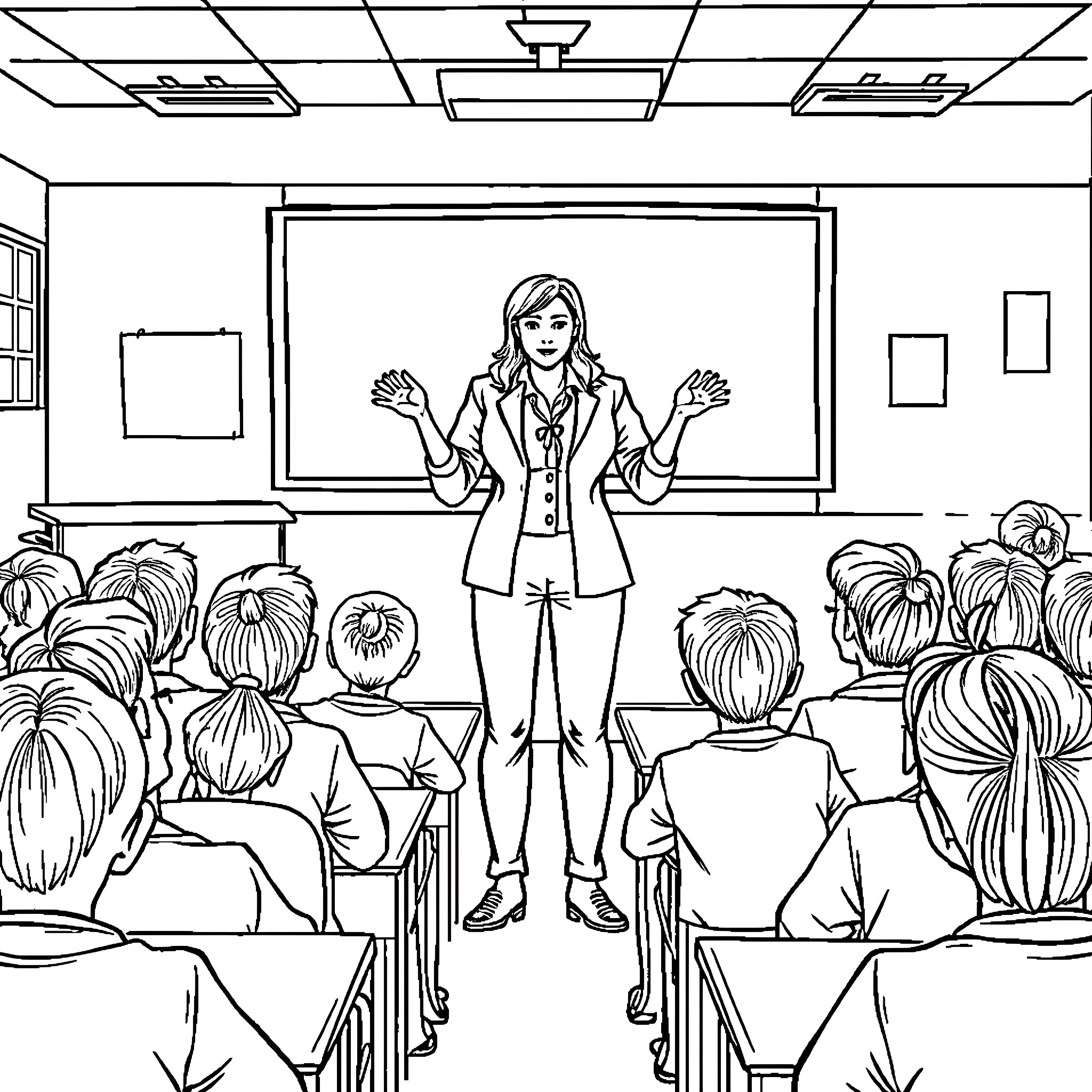 Teacher leading an engaging lesson in the classroom Coloring Page (free black-and-white line drawing printable PDF for all, from beginners to advanced learners, including children, teens, adults, and seniors)
