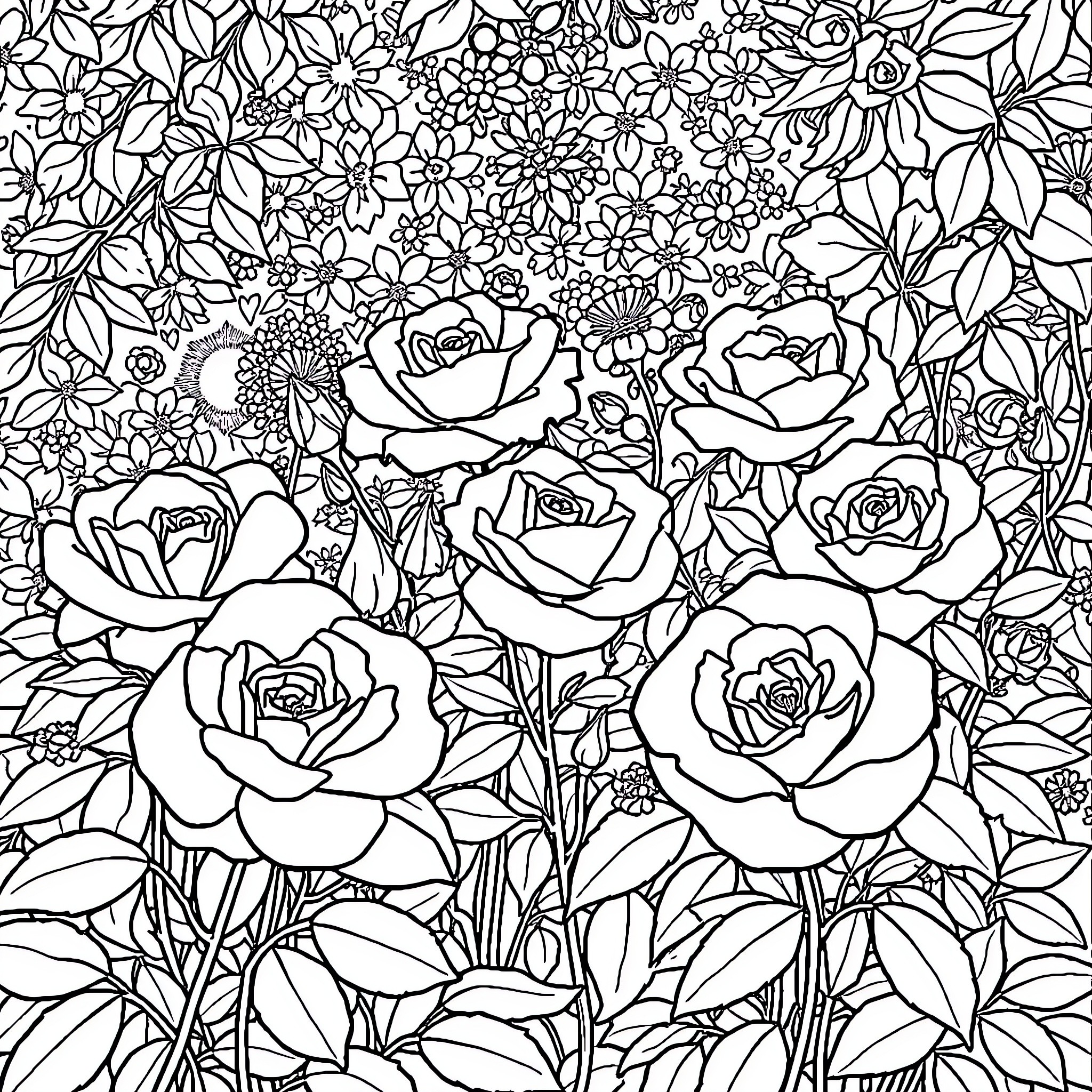 Rose Garden Blooming with Intricate Floral Patterns Coloring Page (free black-and-white line drawing printable PDF for all, from beginners to advanced learners, including children, teens, adults, and seniors)
