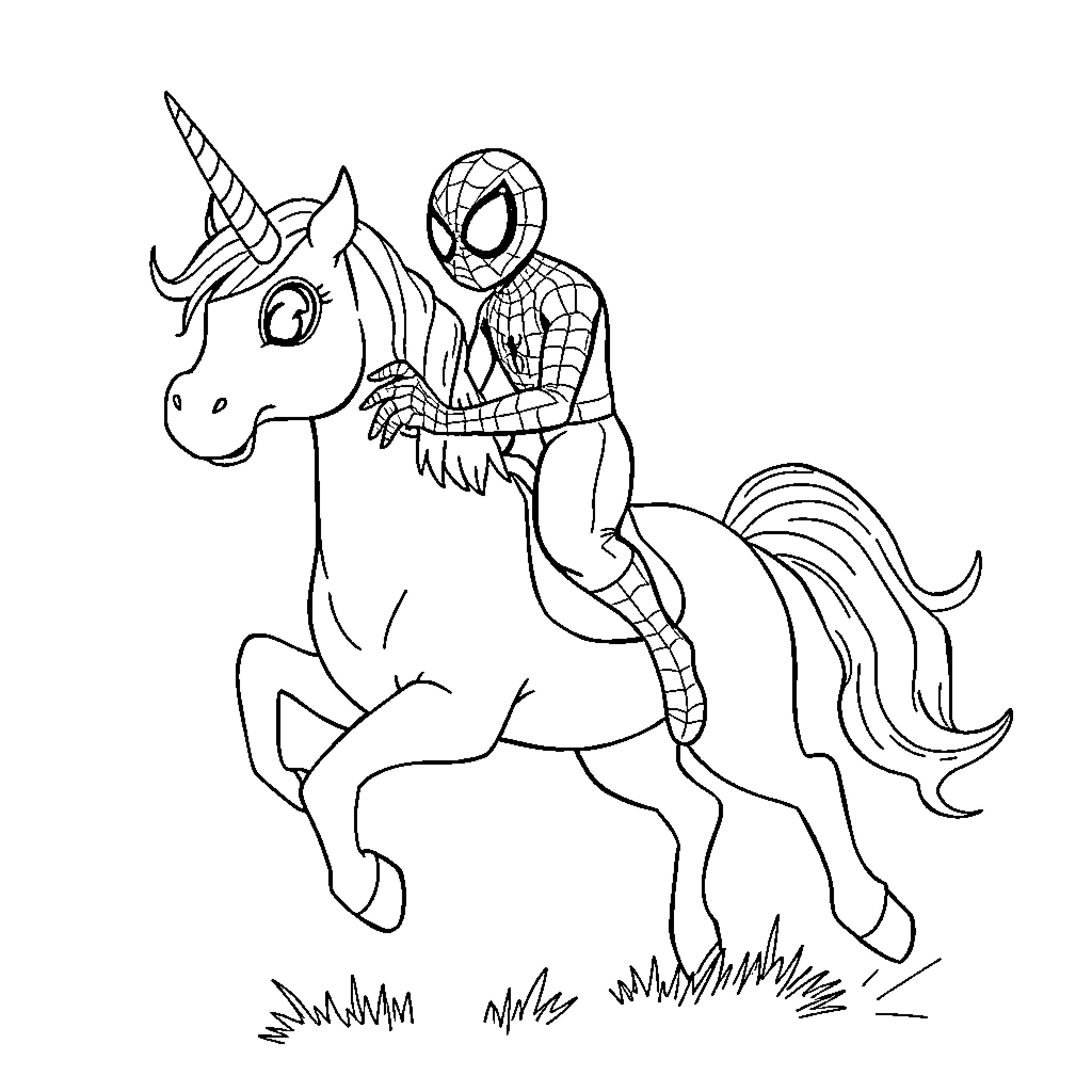 Spiderman riding a unicorn in the meadow Coloring Page (free black-and-white line drawing printable PDF for all, from beginners to advanced learners, including children, teens, adults, and seniors)