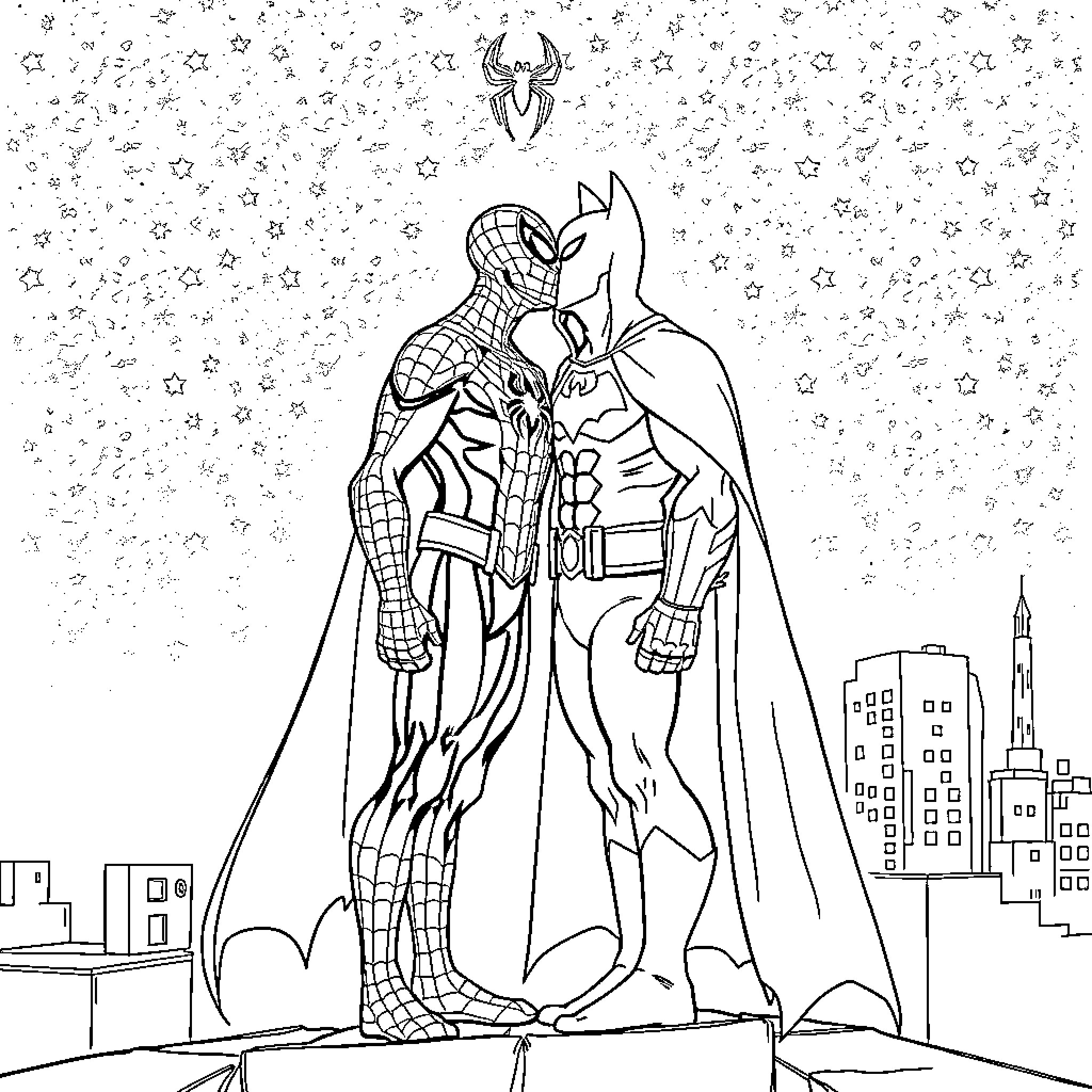 Spider-Man and Batman team up in the city Coloring Page (free black-and-white line drawing printable PDF for all, from beginners to advanced learners, including children, teens, adults, and seniors)