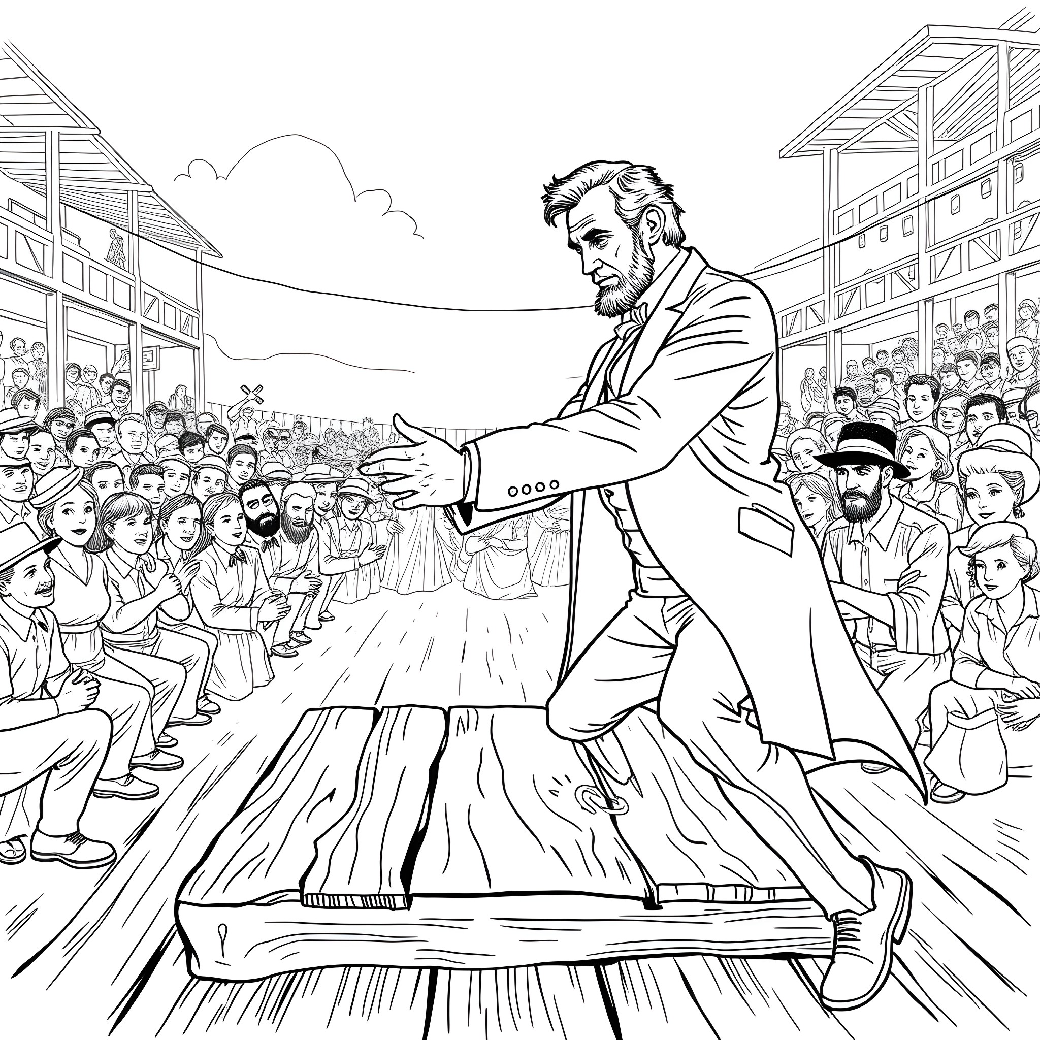 Abraham Lincoln delivering an inspirational speech to a crowd Coloring Page (free black-and-white line drawing printable PDF for all, from beginners to advanced learners, including children, teens, adults, and seniors)