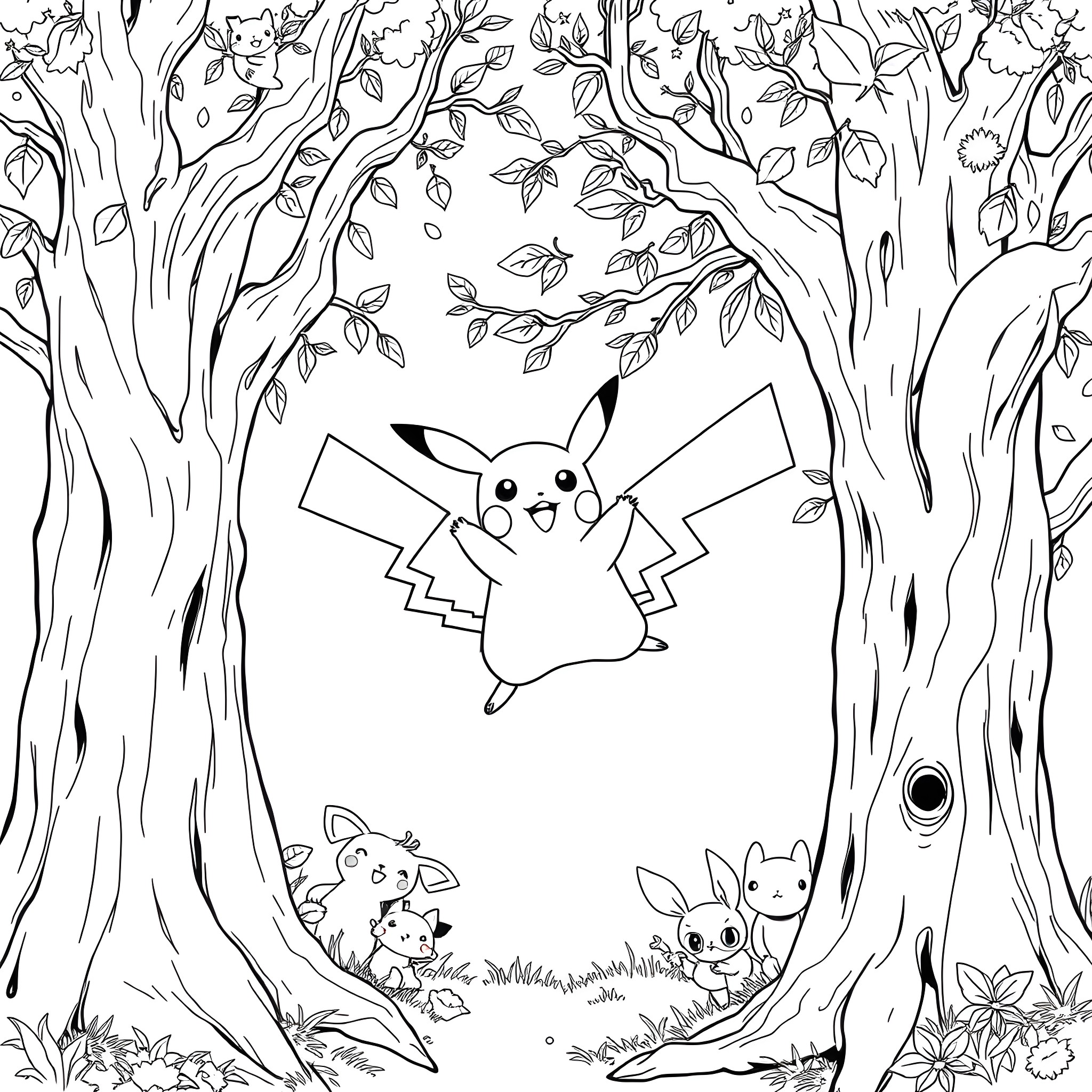 Pikachu exploring the enchanted forest Coloring Page (free black-and-white line drawing printable PDF for all, from beginners to advanced learners, including children, teens, adults, and seniors)