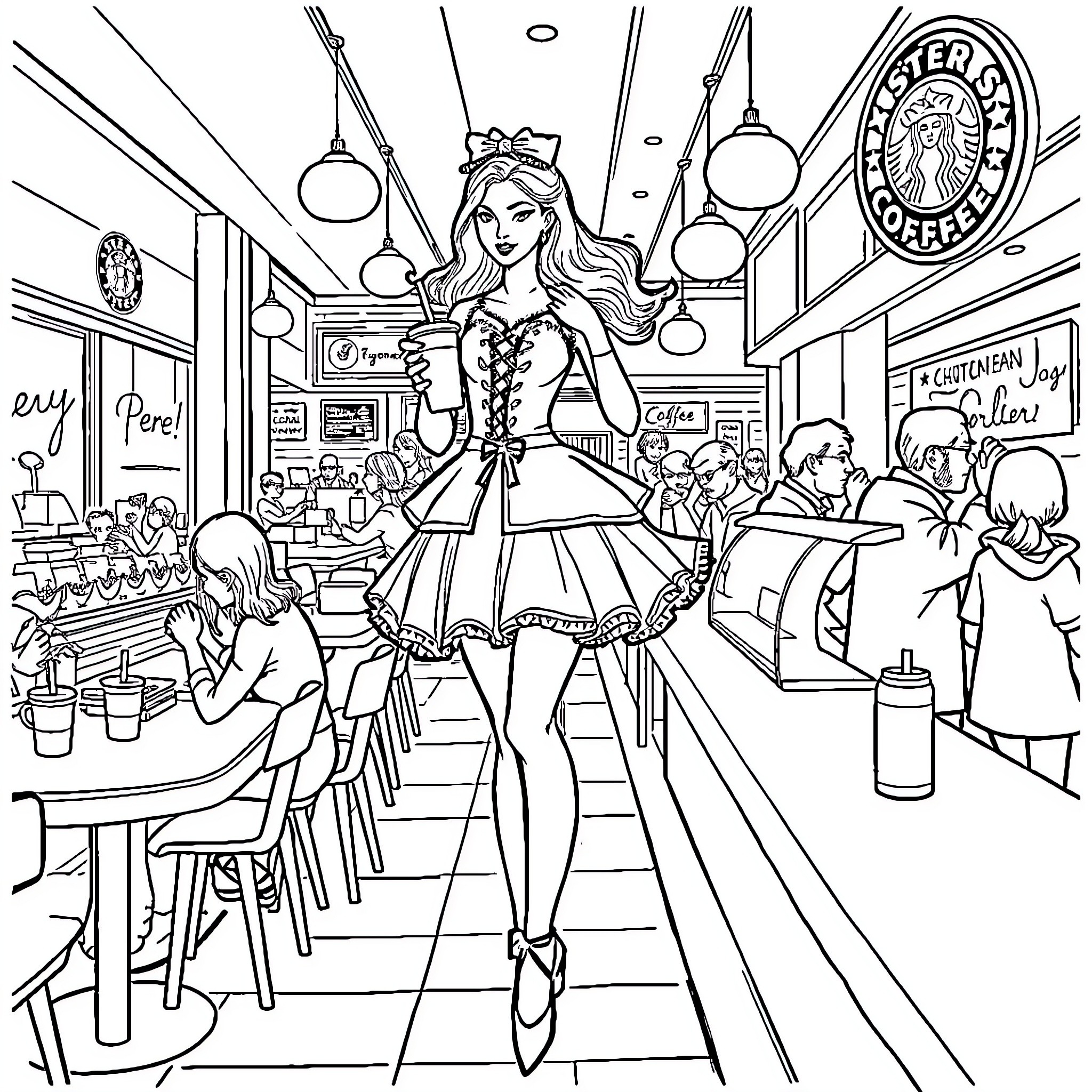 Ballerina Graces the Café with Elegance Coloring Page (free black-and-white line drawing printable PDF for all, from beginners to advanced learners, including children, teens, adults, and seniors)