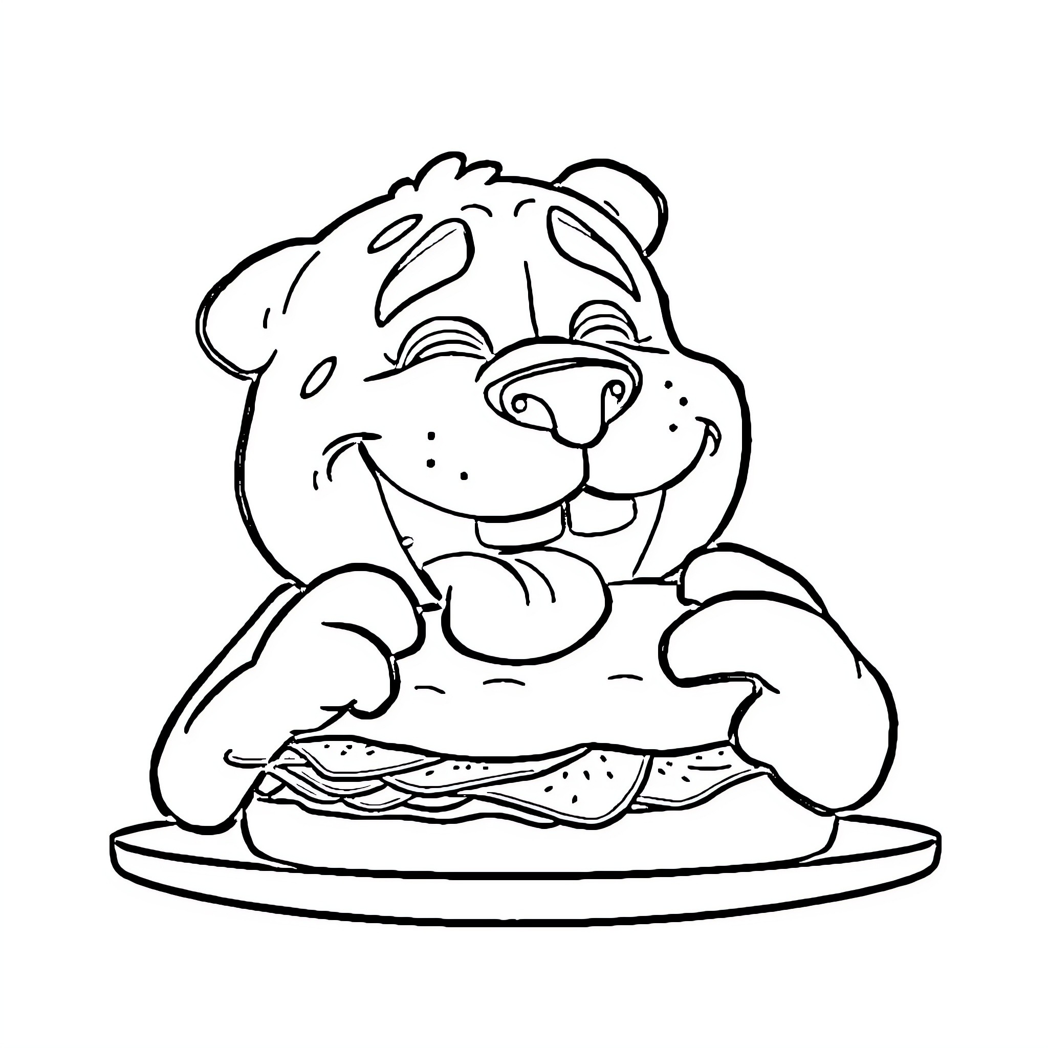 Sans Cheerful Teddy Bear with Sandwich Coloring Page (free black-and-white line drawing printable PDF for all, from beginners to advanced learners, including children, teens, adults, and seniors)