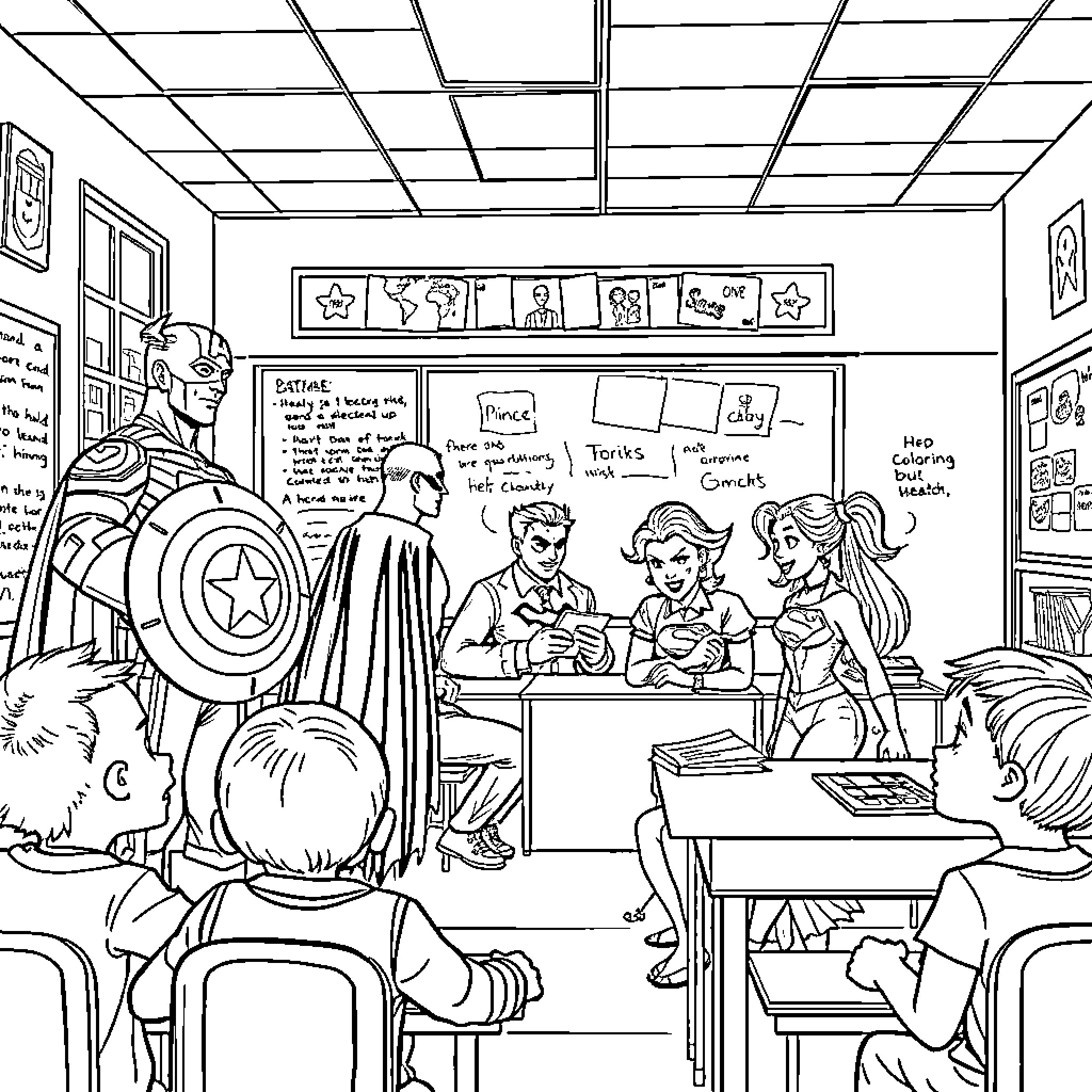 Hero Saves the Day in Classroom Coloring Page (free black-and-white line drawing printable PDF for all, from beginners to advanced learners, including children, teens, adults, and seniors)