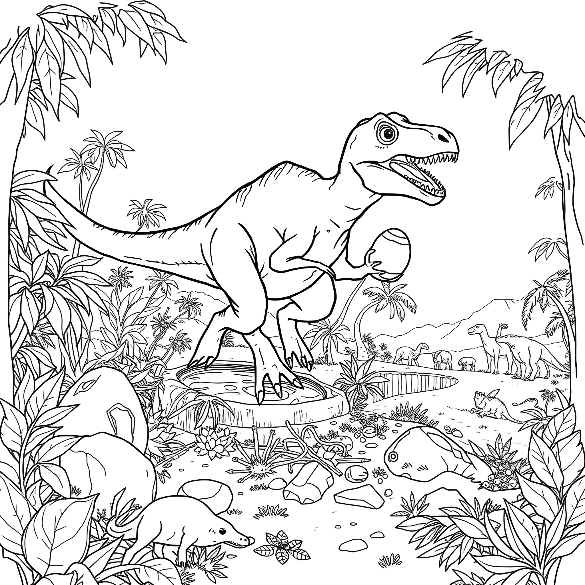 Obiraptor dinosaur exploring prehistoric jungle landscape Coloring Page (free black-and-white line drawing printable PDF for all, from beginners to advanced learners, including children, teens, adults, and seniors)