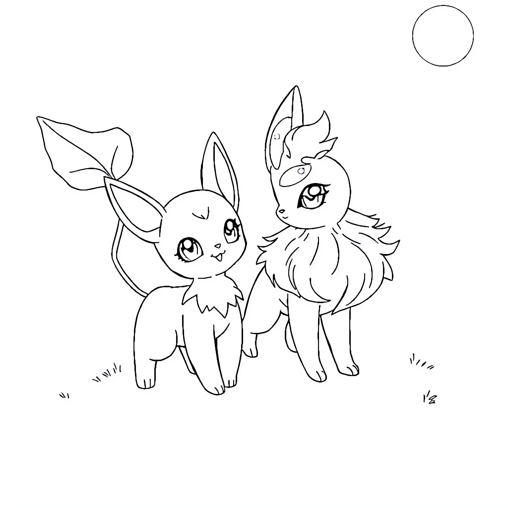 Sprigatito and Quaxly playing together Coloring Page (free black-and-white line drawing printable PDF for all, from beginners to advanced learners, including children, teens, adults, and seniors)