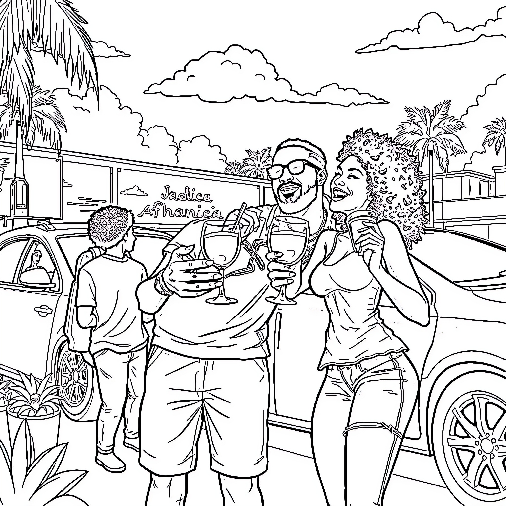 Party People Celebrating in Tropical Setting Coloring Page (free black-and-white line drawing printable PDF for all, from beginners to advanced learners, including children, teens, adults, and seniors)