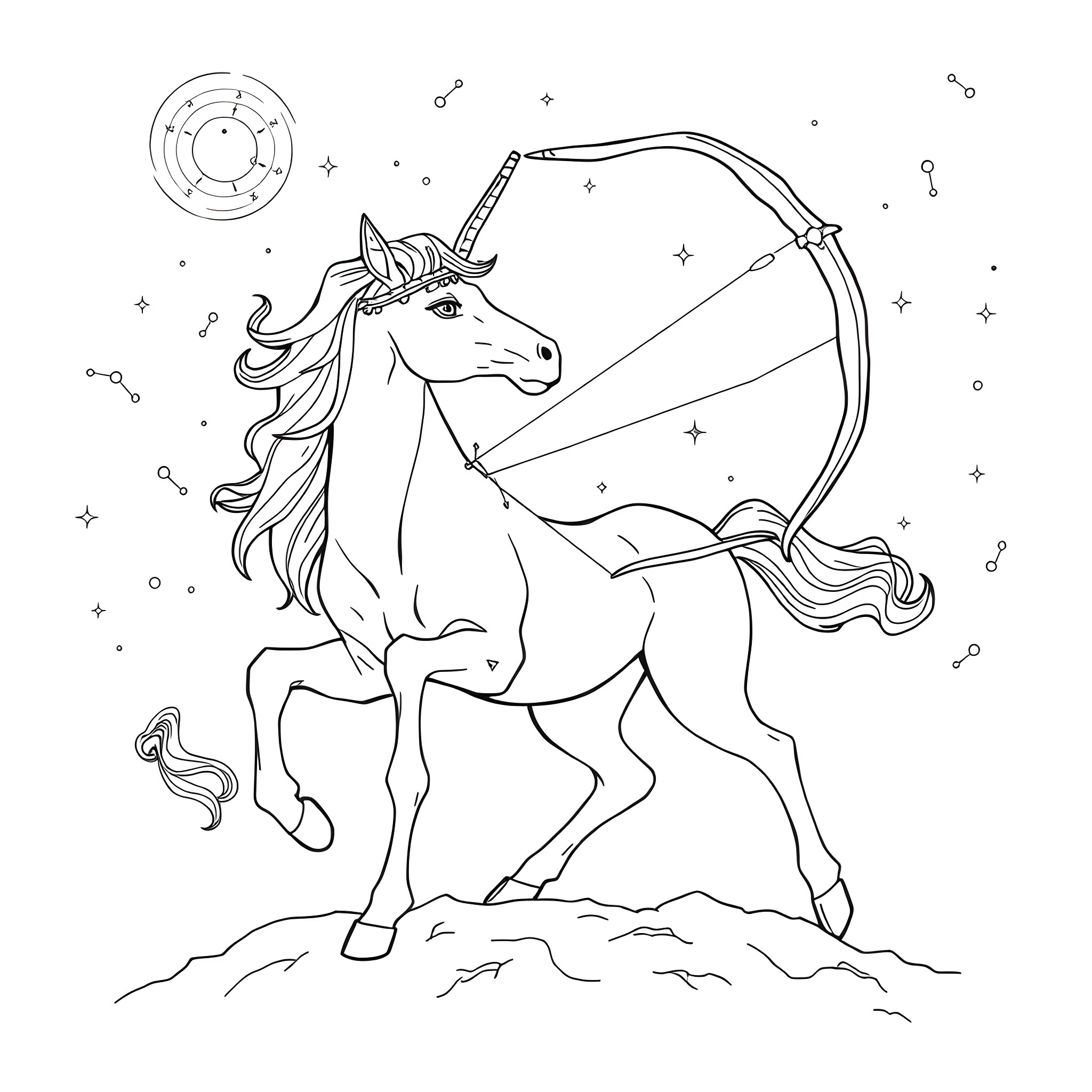 Sagittarius the Archer Unicorn in Starry Night Coloring Page (free black-and-white line drawing printable PDF for all, from beginners to advanced learners, including children, teens, adults, and seniors)