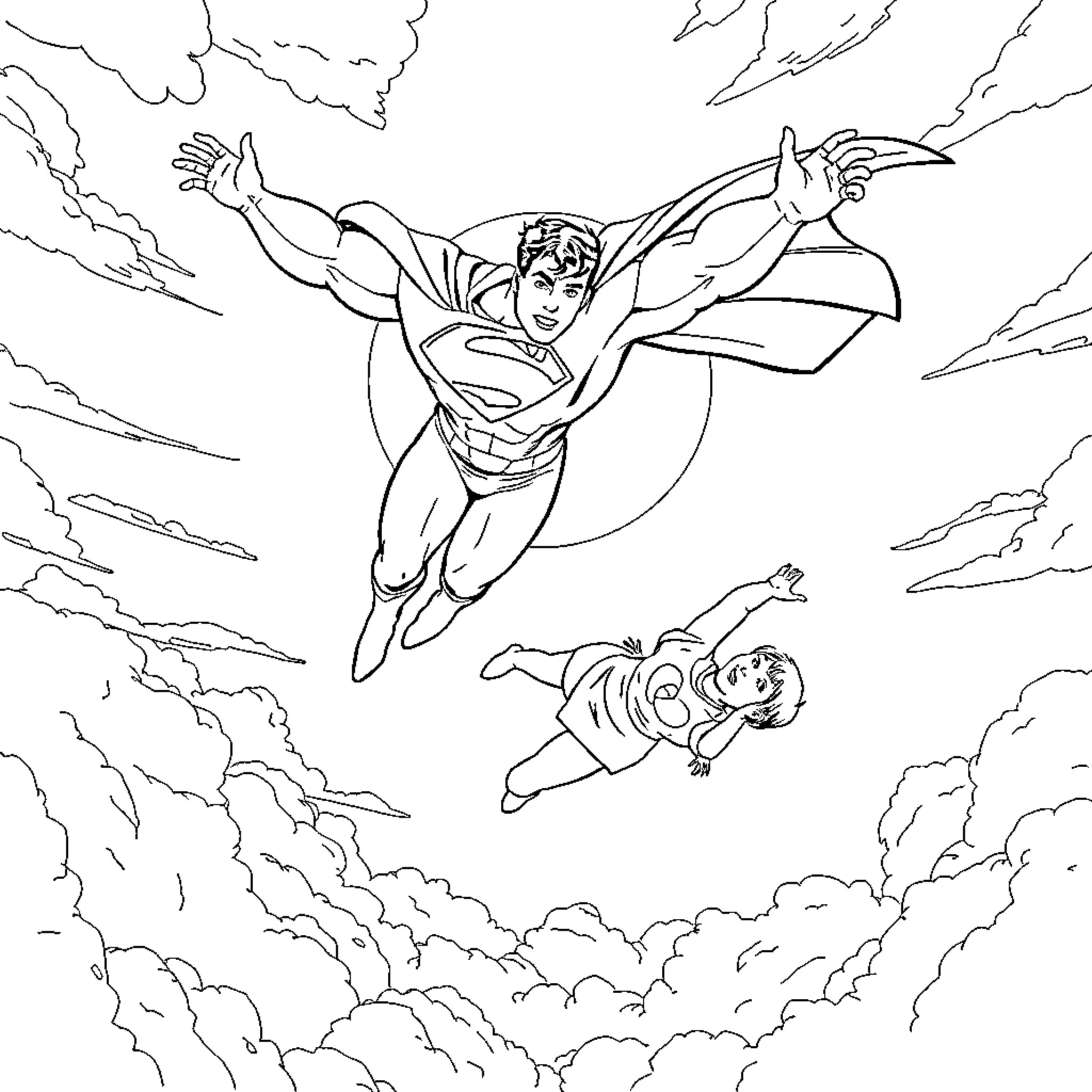 Superman flying with heroic pose in the sky Coloring Page (free black-and-white line drawing printable PDF for all, from beginners to advanced learners, including children, teens, adults, and seniors)