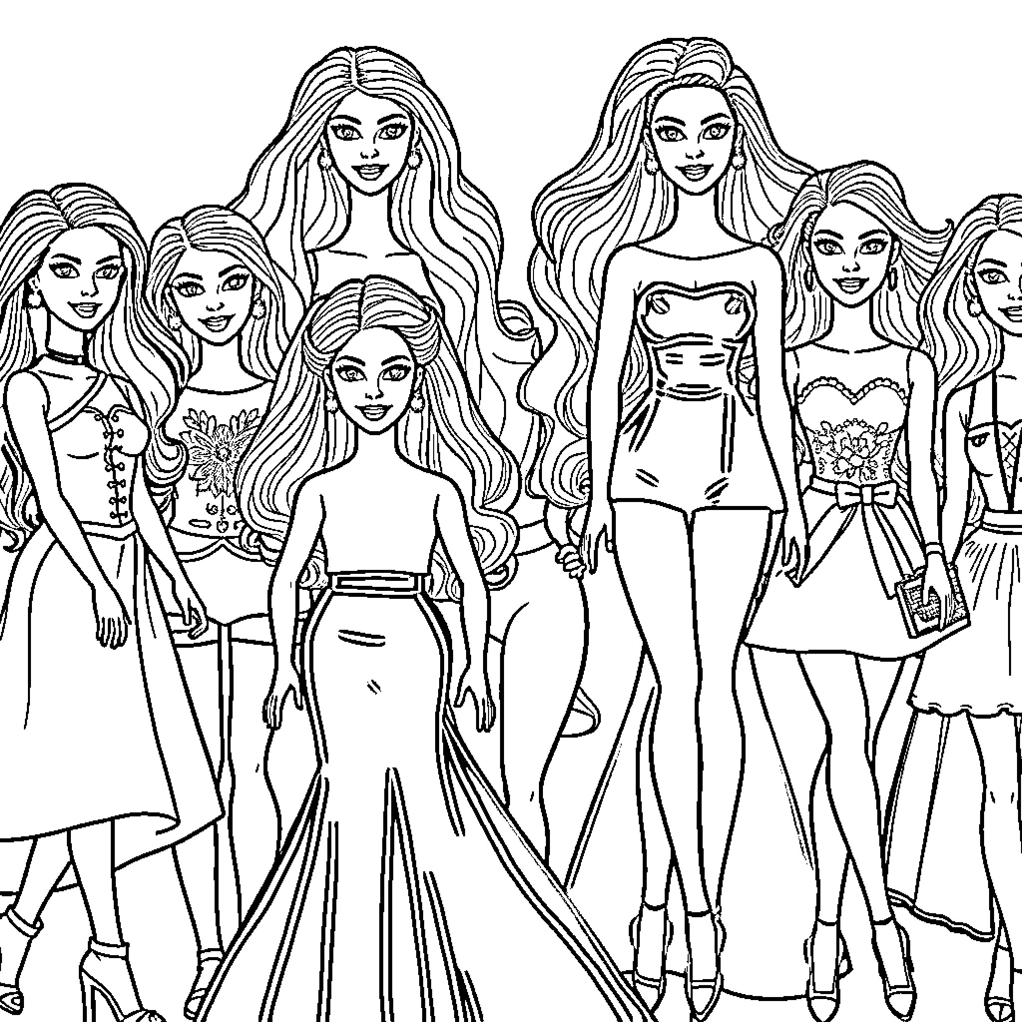 Barbie and her friends posing in elegant dresses Coloring Page (free black-and-white line drawing printable PDF for all, from beginners to advanced learners, including children, teens, adults, and seniors)