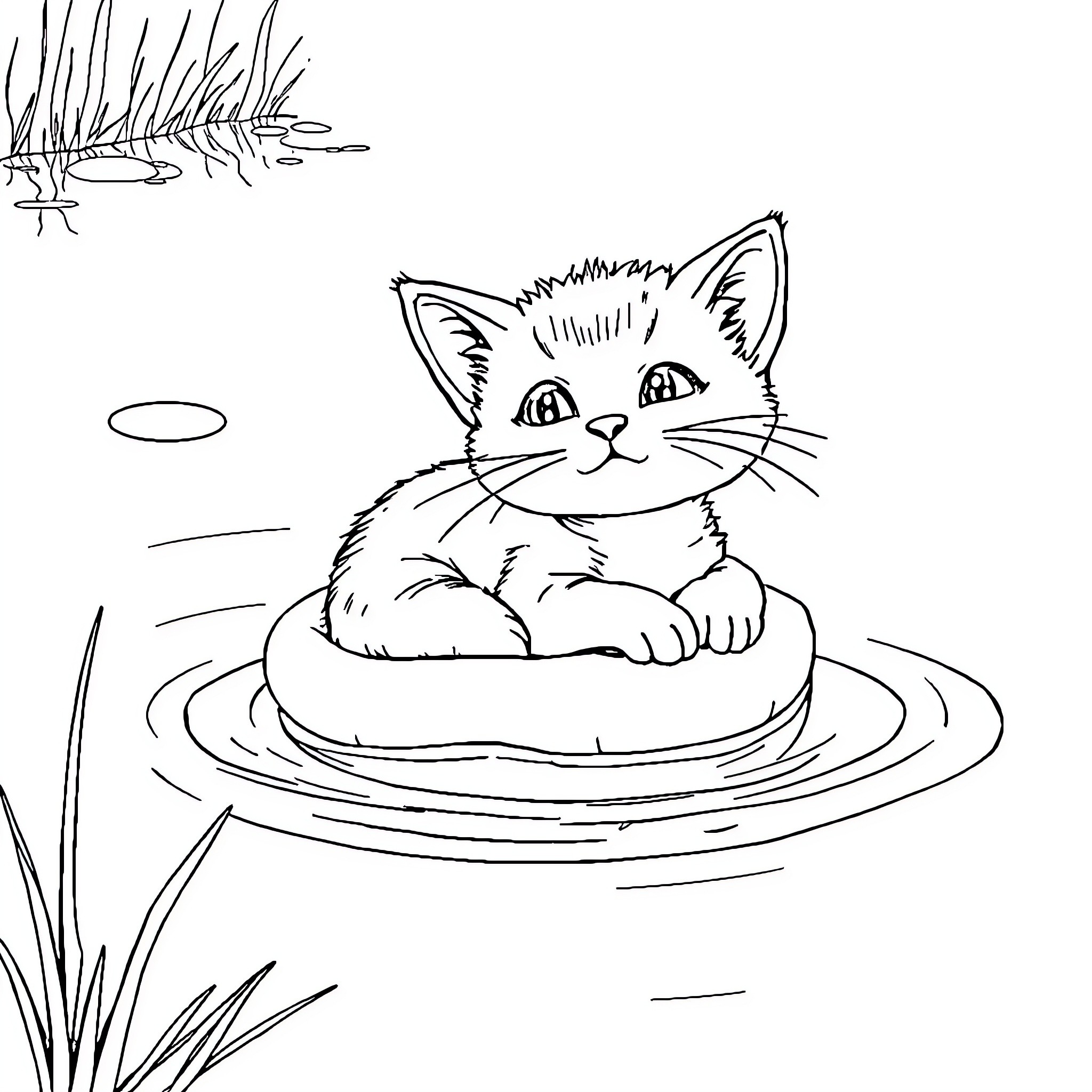 Cat relaxing in water bowl Coloring Page (free black-and-white line drawing printable PDF for all, from beginners to advanced learners, including children, teens, adults, and seniors)