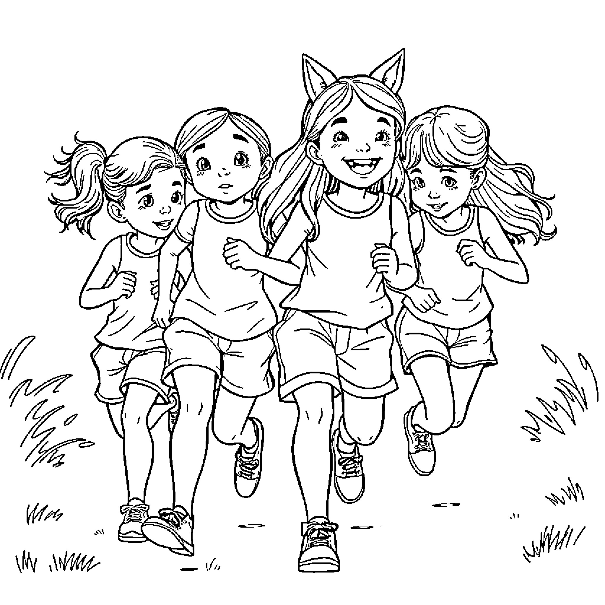Girls playing happily together outdoors Coloring Page (free black-and-white line drawing printable PDF for all, from beginners to advanced learners, including children, teens, adults, and seniors)