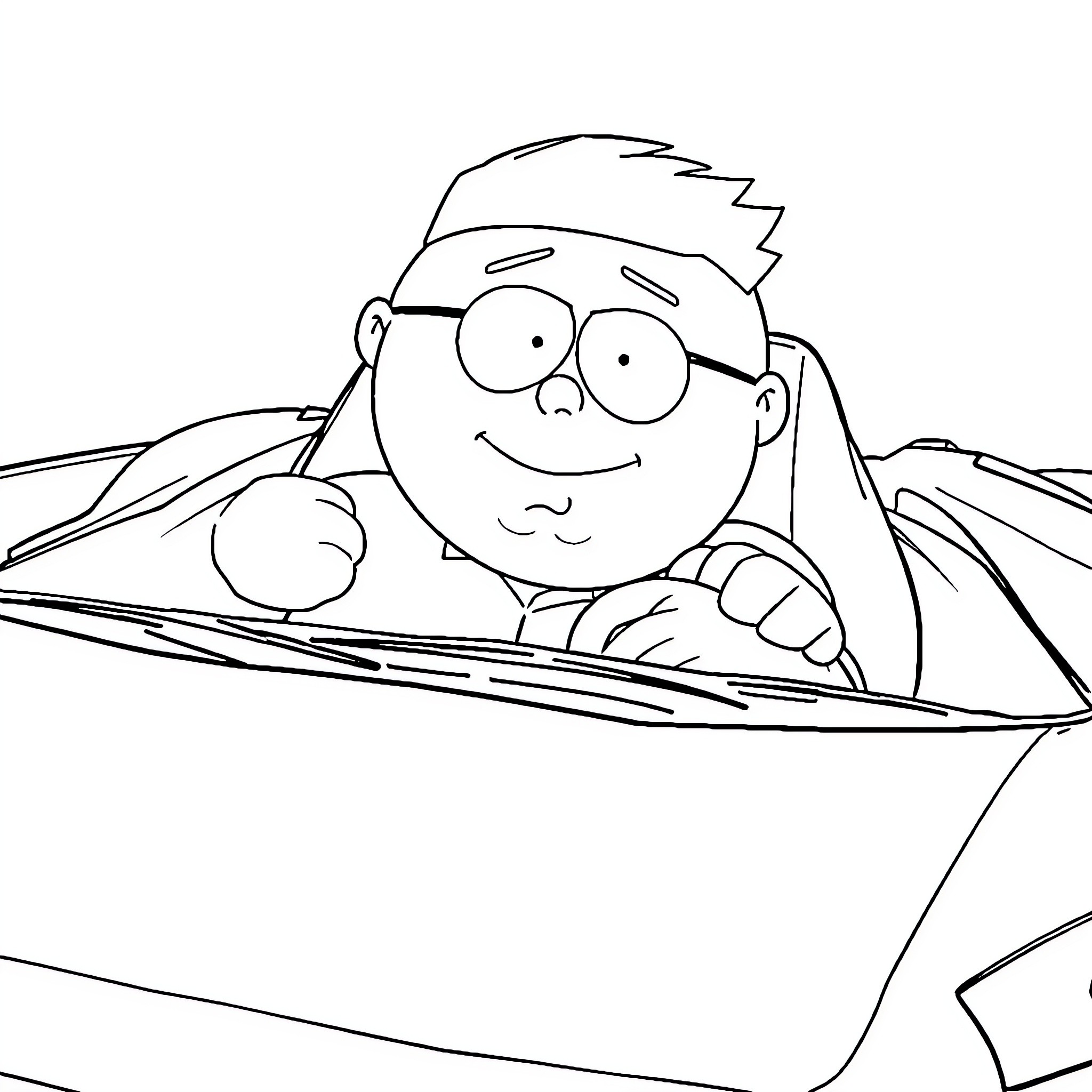 Eric Cartman driving a car happily Coloring Page (free black-and-white line drawing printable PDF for all, from beginners to advanced learners, including children, teens, adults, and seniors)