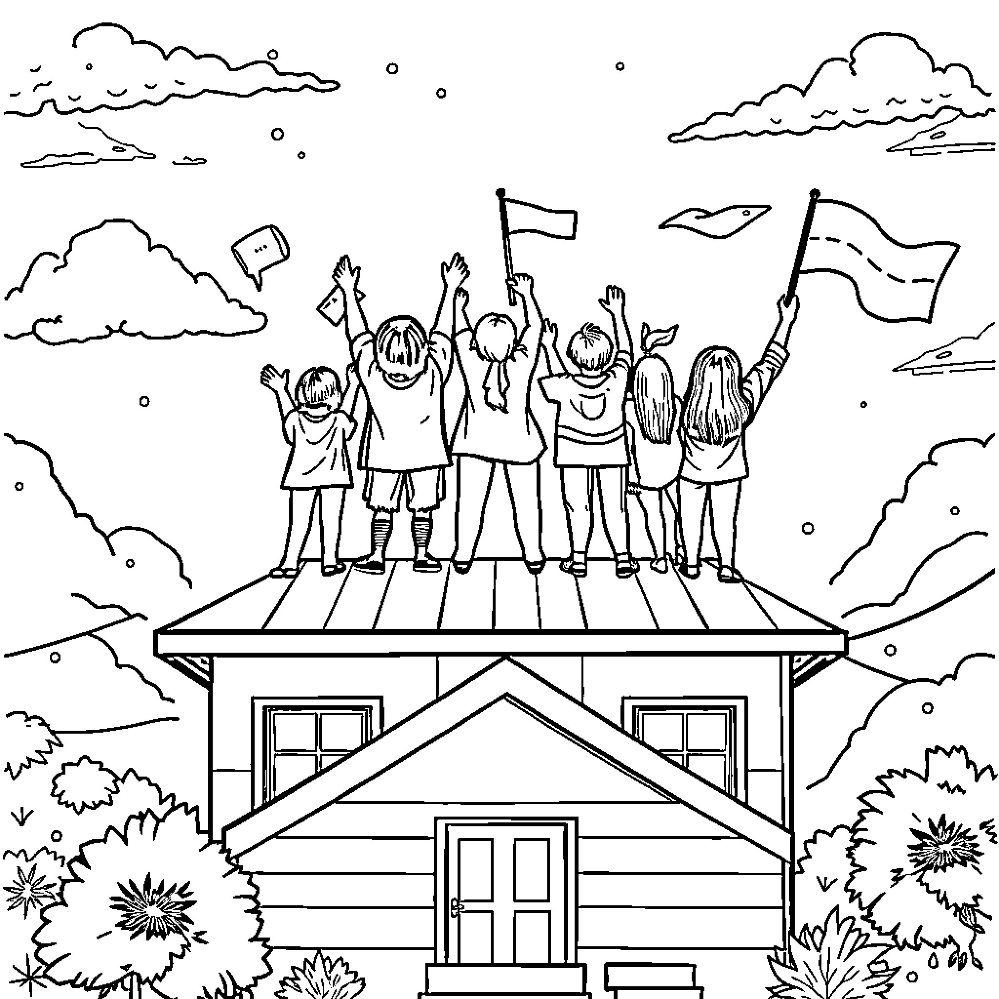 K Pop Group Celebrating on the Rooftop Coloring Page (free black-and-white line drawing printable PDF for all, from beginners to advanced learners, including children, teens, adults, and seniors)