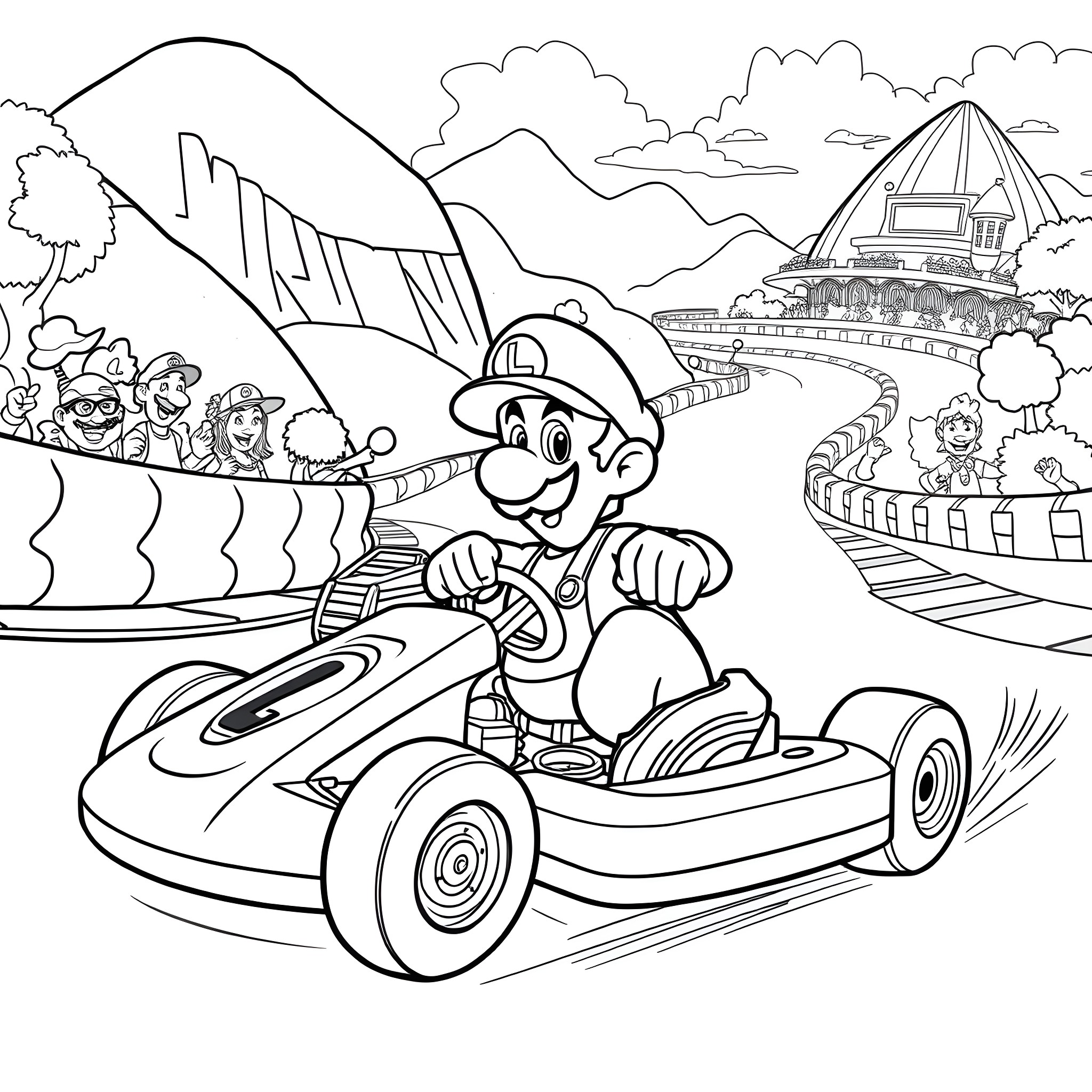 Luigi's Exciting Go-Kart Race Through the Mushroom Kingdom Coloring Page (free black-and-white line drawing printable PDF for all, from beginners to advanced learners, including children, teens, adults, and seniors)