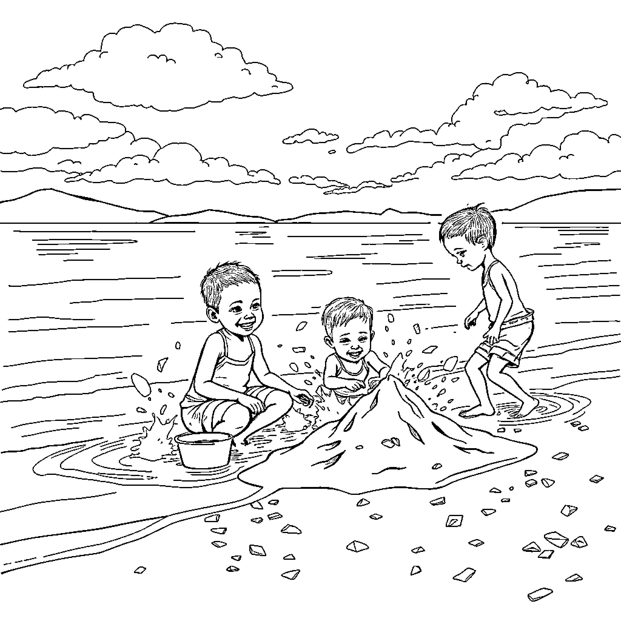 Kids playing happily in the water by the beach Coloring Page (free black-and-white line drawing printable PDF for all, from beginners to advanced learners, including children, teens, adults, and seniors)