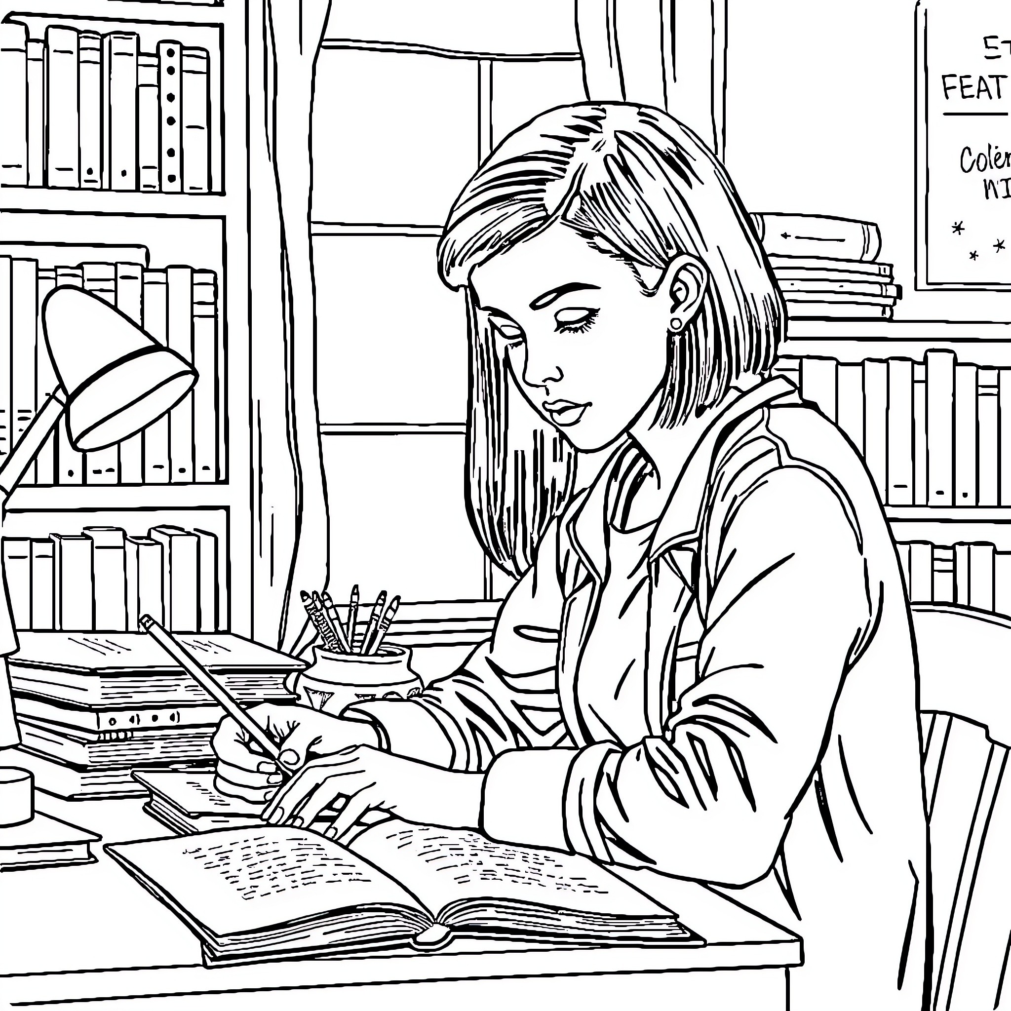 Collégienne studying diligently in the library Coloring Page (free black-and-white line drawing printable PDF for all, from beginners to advanced learners, including children, teens, adults, and seniors)