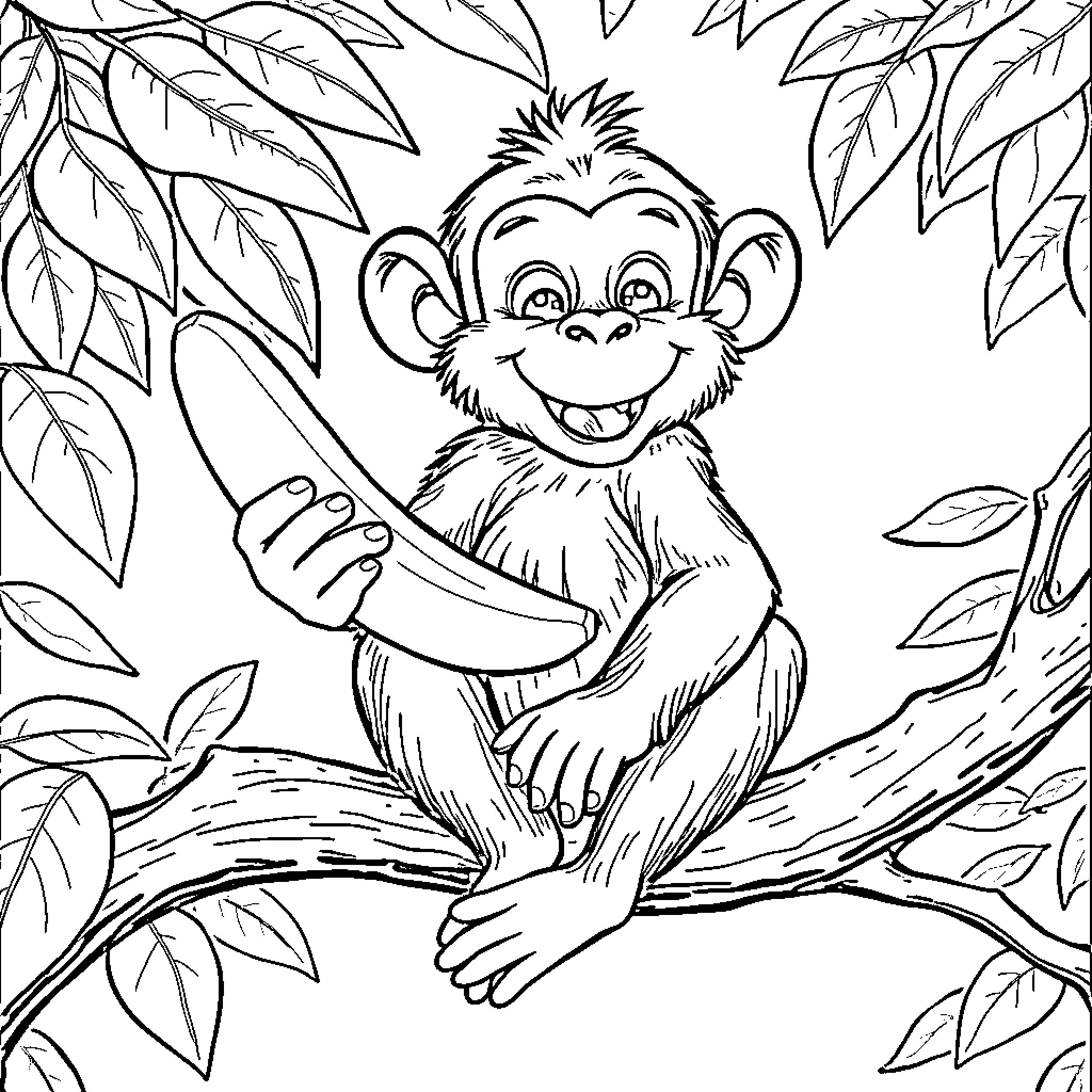 Monkey happily sitting on a tree branch Coloring Page (free black-and-white line drawing printable PDF for all, from beginners to advanced learners, including children, teens, adults, and seniors)