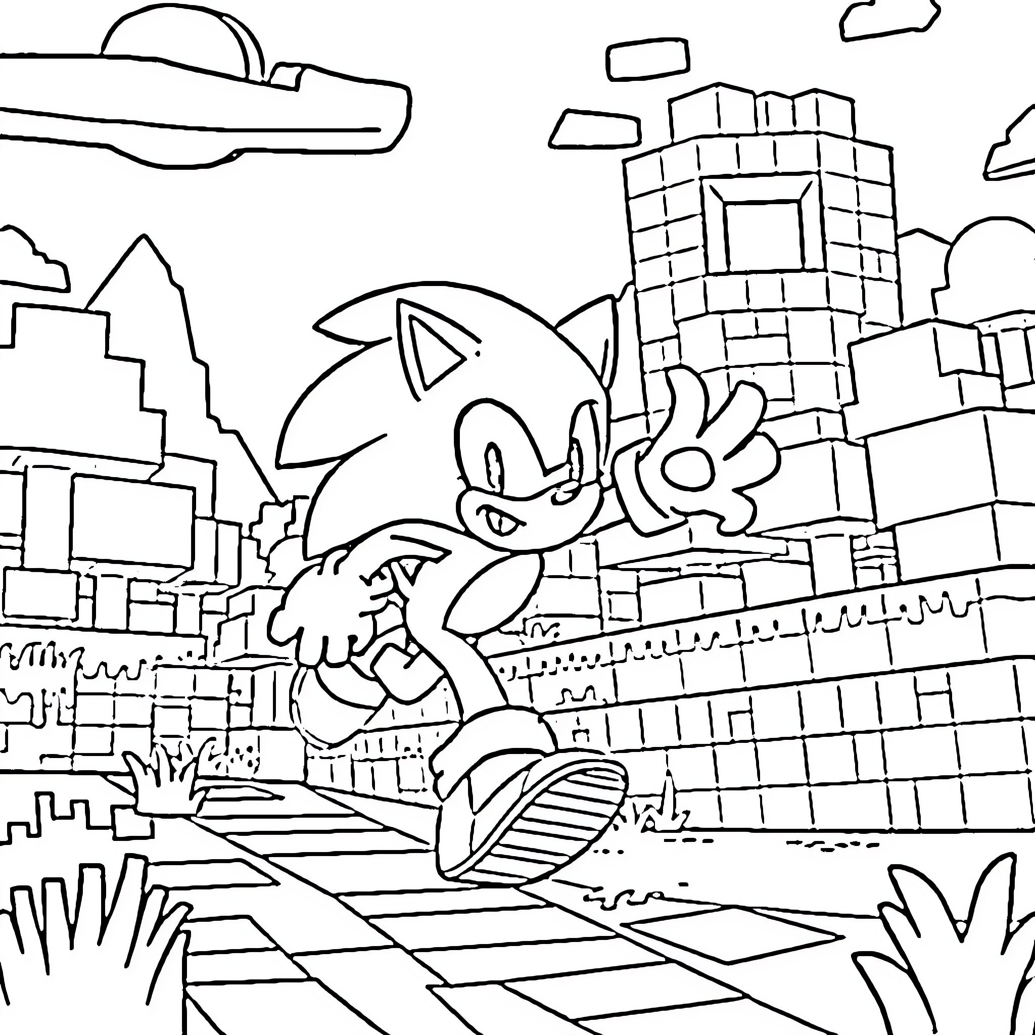 Sonic the Hedgehog speeding through the city Coloring Page (free black-and-white line drawing printable PDF for all, from beginners to advanced learners, including children, teens, adults, and seniors)