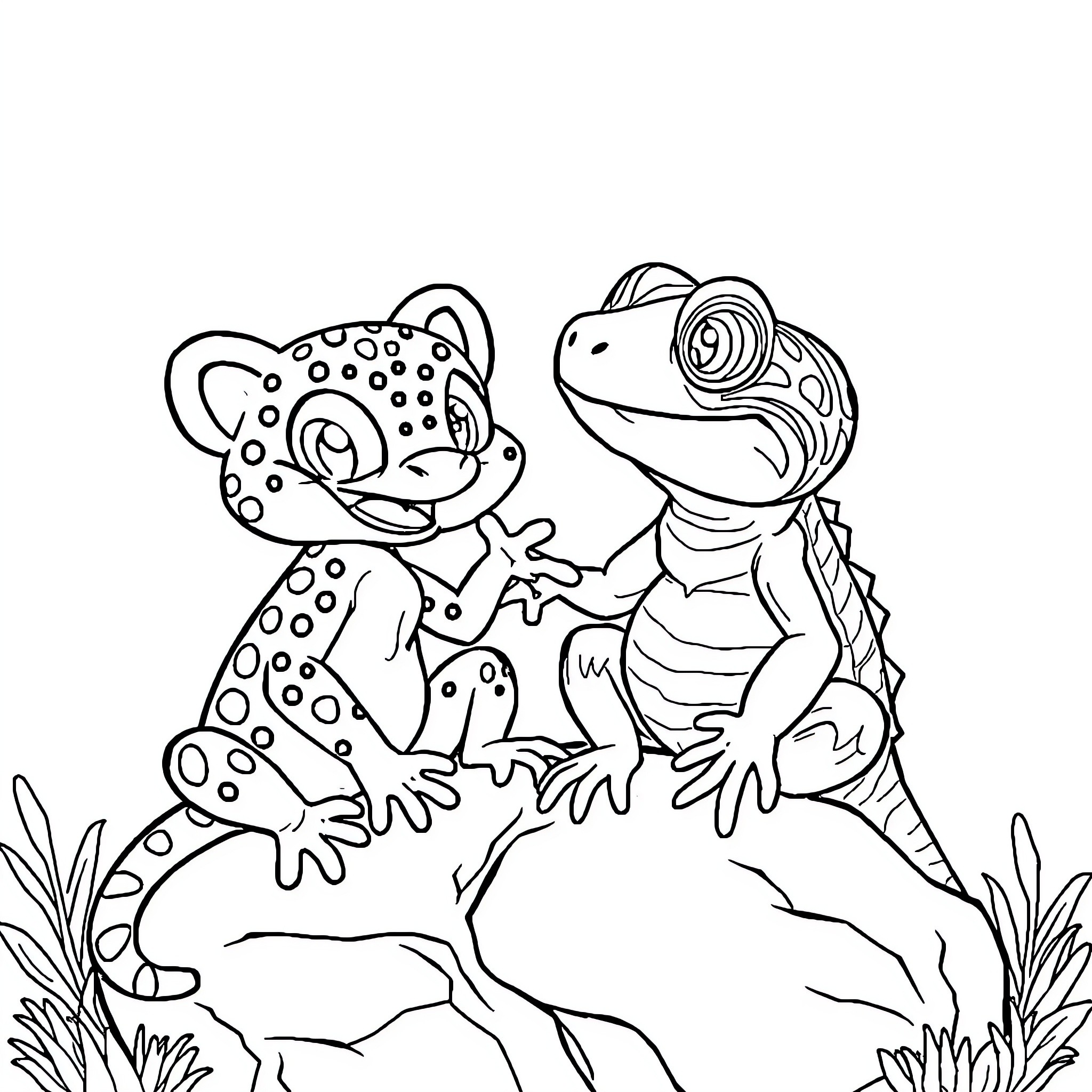 Leopard Gecko Exploring the Habitat Coloring Page (free black-and-white line drawing printable PDF for all, from beginners to advanced learners, including children, teens, adults, and seniors)