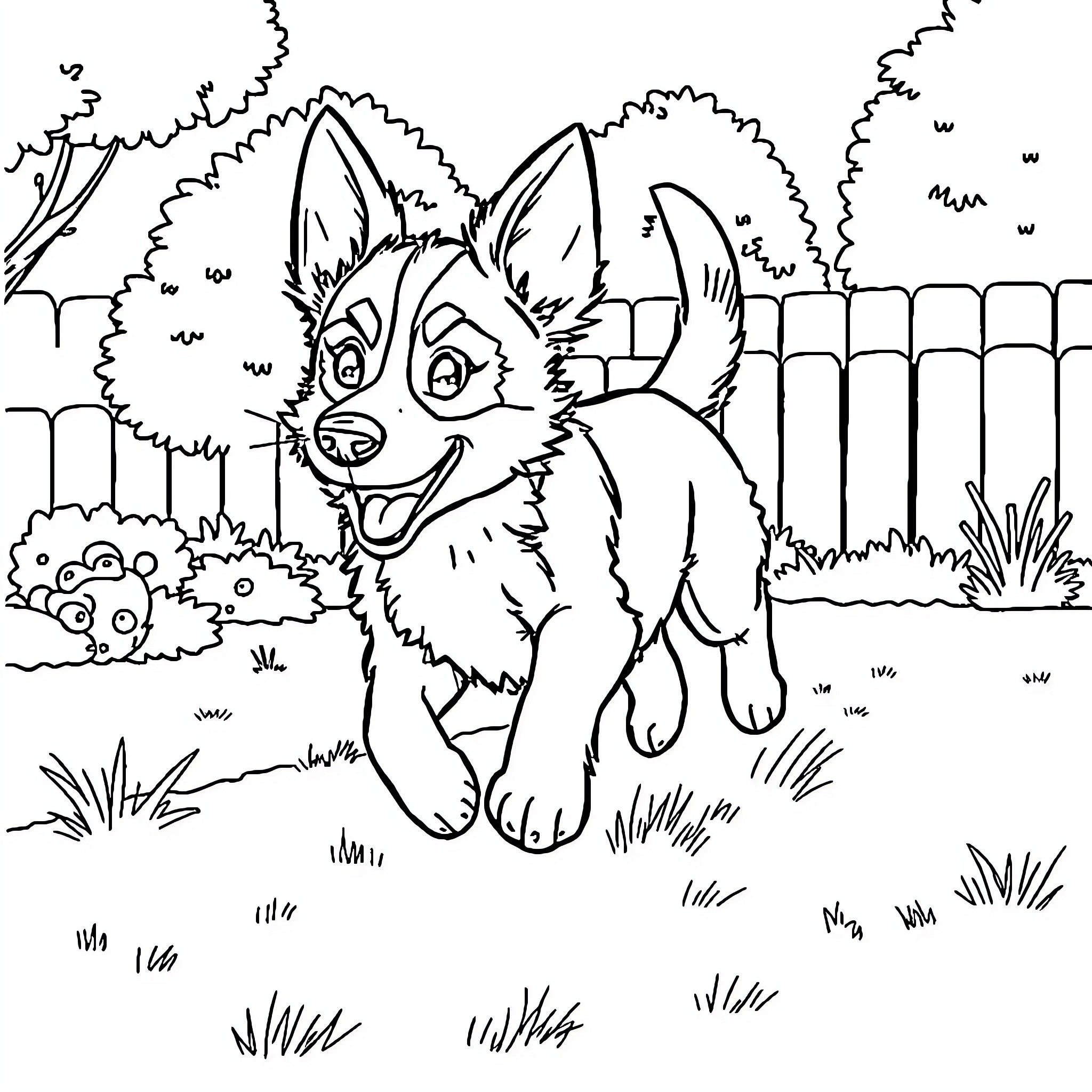 Bluey playing happily in the backyard Coloring Page (free black-and-white line drawing printable PDF for all, from beginners to advanced learners, including children, teens, adults, and seniors)