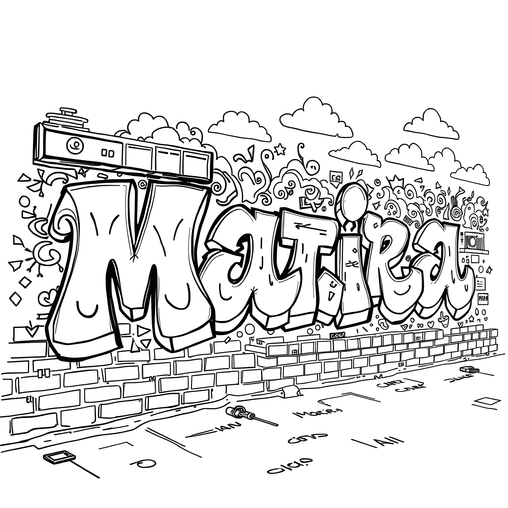 Name of Graffiti Art on Building Wall Coloring Page (free black-and-white line drawing printable PDF for all, from beginners to advanced learners, including children, teens, adults, and seniors)