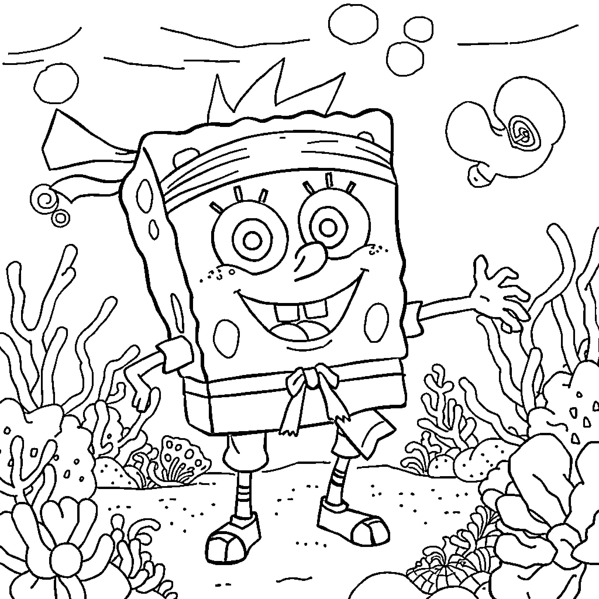 Bob esponja exploring the underwater world with excitement Coloring Page (free black-and-white line drawing printable PDF for all, from beginners to advanced learners, including children, teens, adults, and seniors)