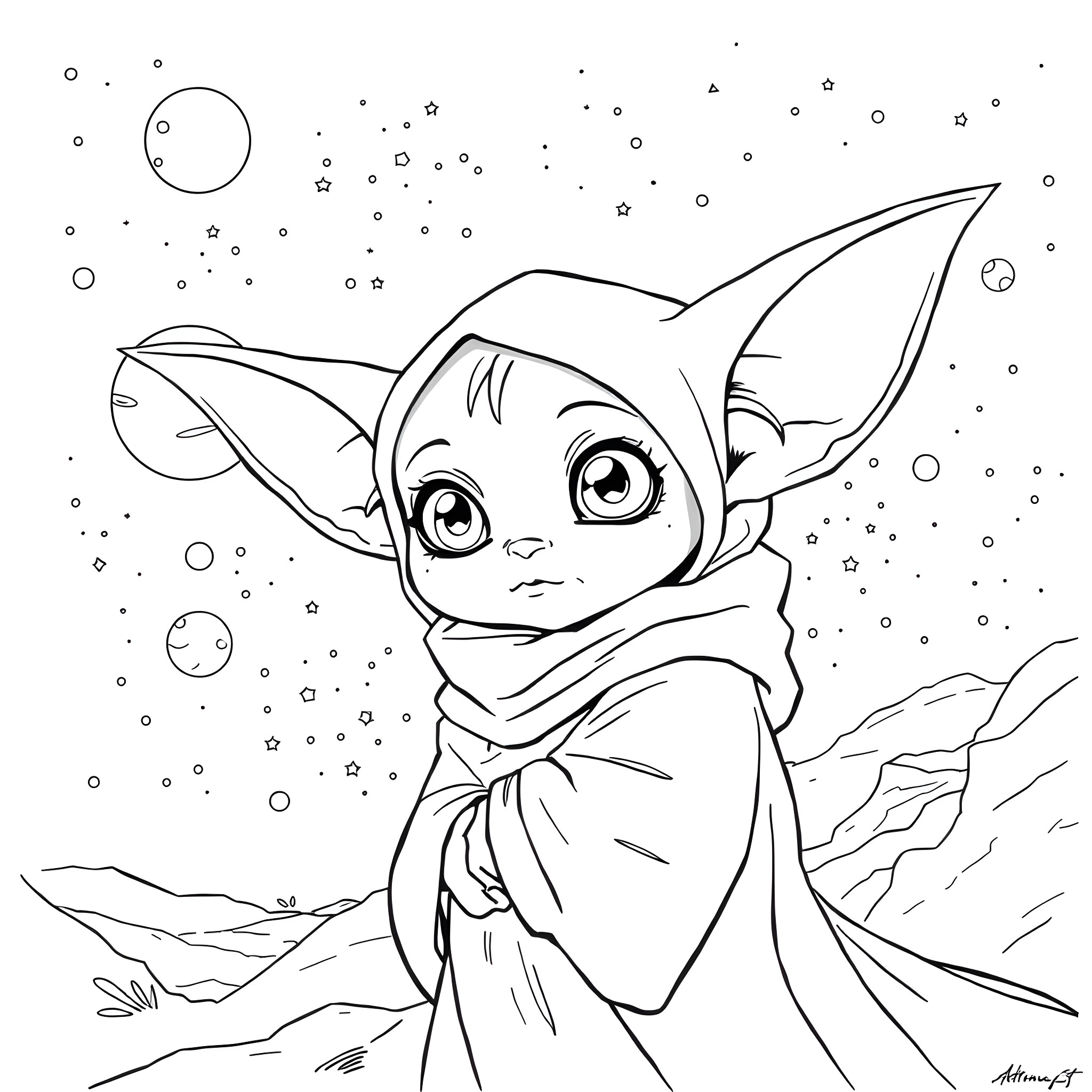 Yoda in a Galactic Setting Coloring Page (free black-and-white line drawing printable PDF for all, from beginners to advanced learners, including children, teens, adults, and seniors)