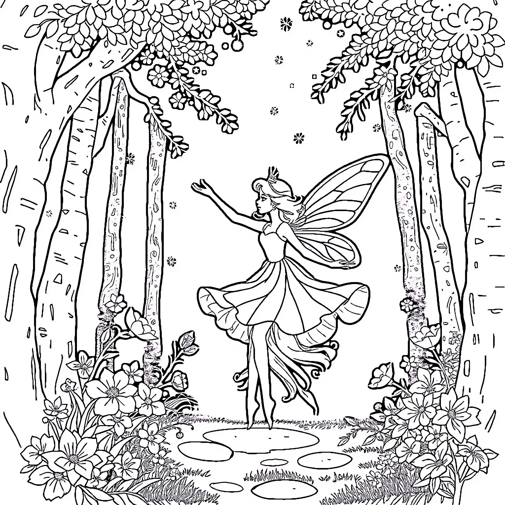 Fairy Princess dancing gracefully in enchanted forest Coloring Page (free black-and-white line drawing printable PDF for all, from beginners to advanced learners, including children, teens, adults, and seniors)