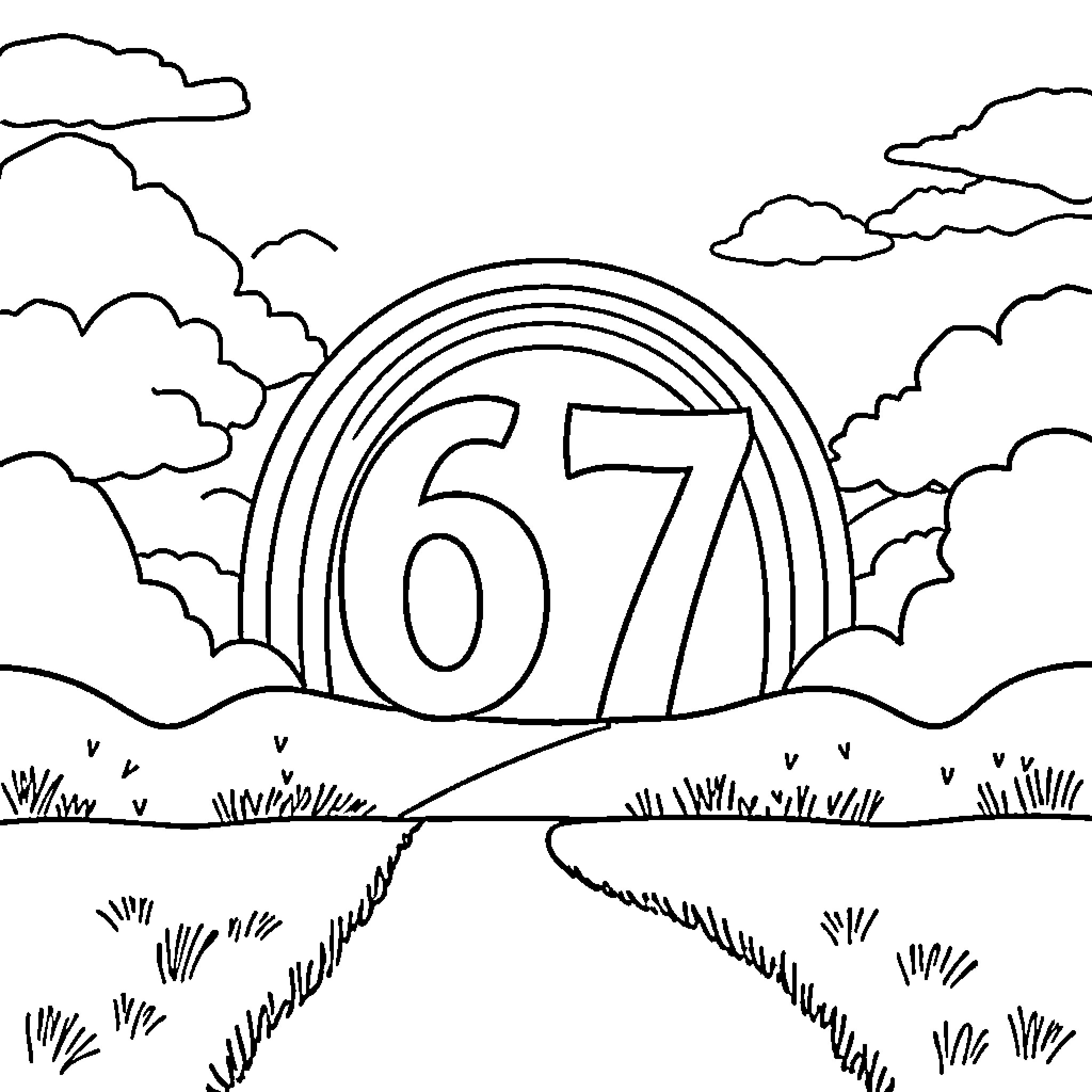 Rainbow Landscape with Number 67 Coloring Page (free black-and-white line drawing printable PDF for all, from beginners to advanced learners, including children, teens, adults, and seniors)
