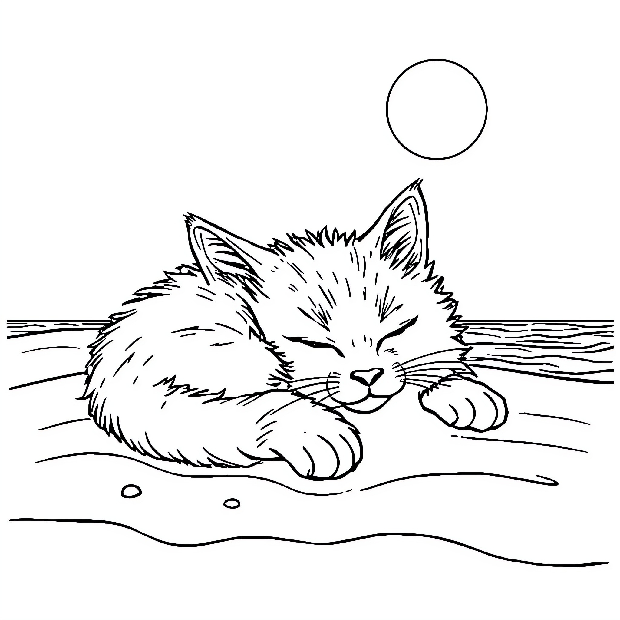 Cat sleeping peacefully in the moonlight Coloring Page (free black-and-white line drawing printable PDF for all, from beginners to advanced learners, including children, teens, adults, and seniors)